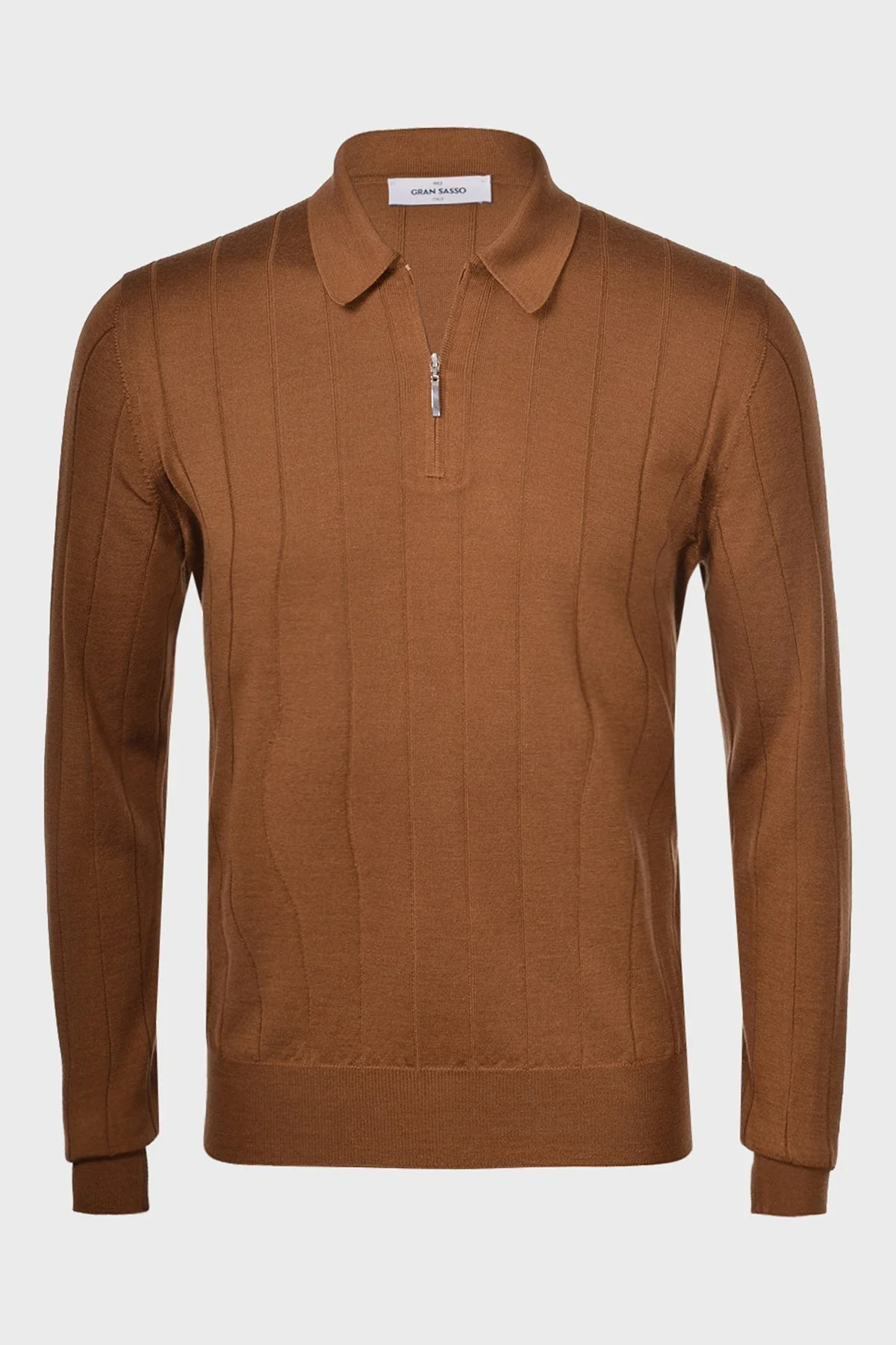 Gran Sasso Yün ve İpek Karışımlı Fermuarlı Polo Yaka Erkek Kazak 57137 13118 122 KAHVE - 1