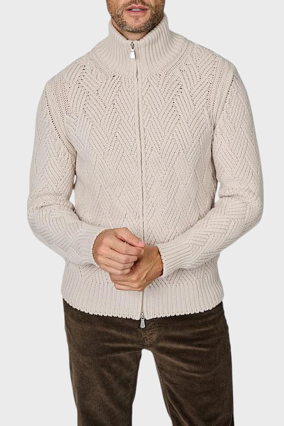 Gran Sasso Yün ve Kaşmir Karışımlı Regular Fit Dik Yaka Fermuarlı Erkek Hırka 10155 19654 113 BEJ - 1