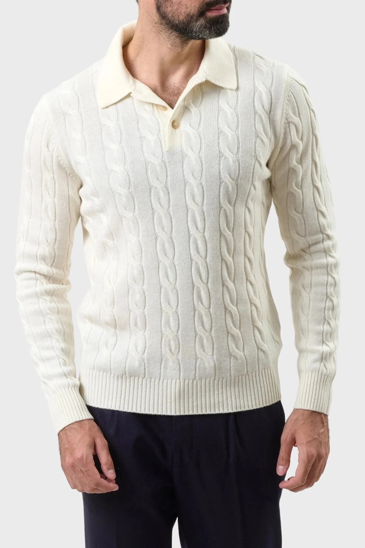 Gran Sasso Yün ve Kaşmir Karışımlı Regular Fit Erkek Polo Yaka Kazak 23172 19651 001 EKRU - 1