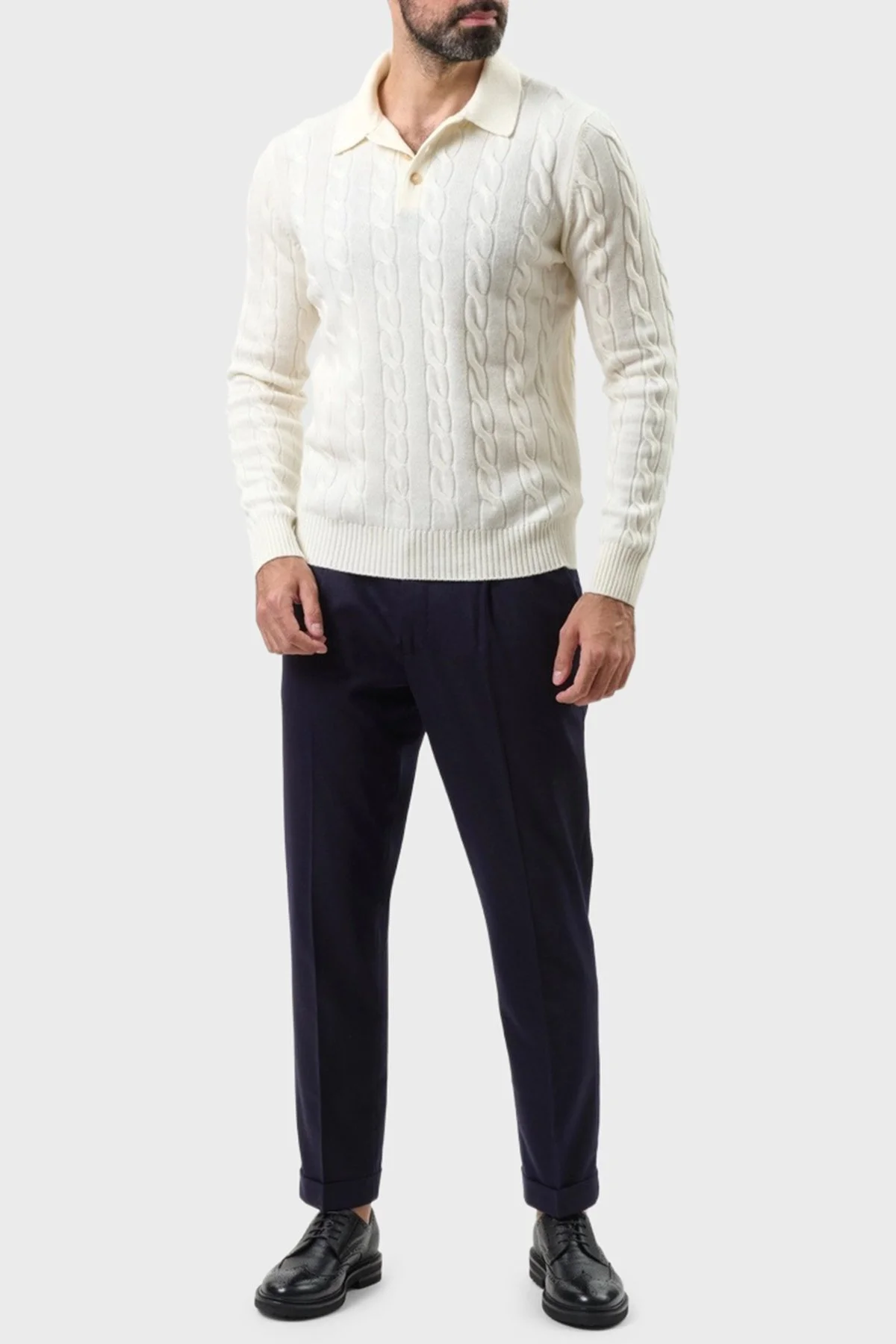 Gran Sasso Yün ve Kaşmir Karışımlı Regular Fit Erkek Polo Yaka Kazak 23172 19651 001 EKRU - 2