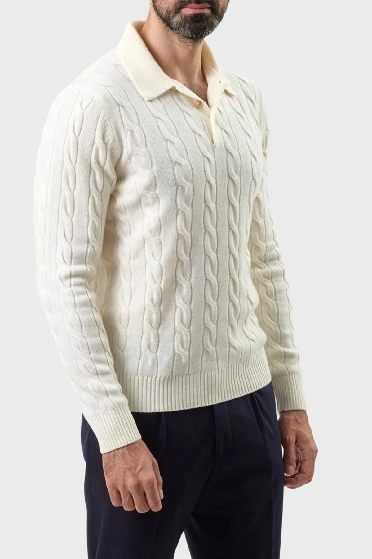 Gran Sasso Yün ve Kaşmir Karışımlı Regular Fit Erkek Polo Yaka Kazak 23172 19651 001 EKRU - 4