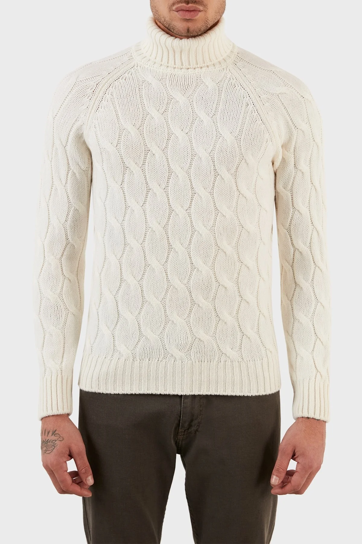 Gran Sasso Yünlü Balıkçı Yaka Örgü Desenli Erkek Kazak 13117 22622 005 EKRU - 1