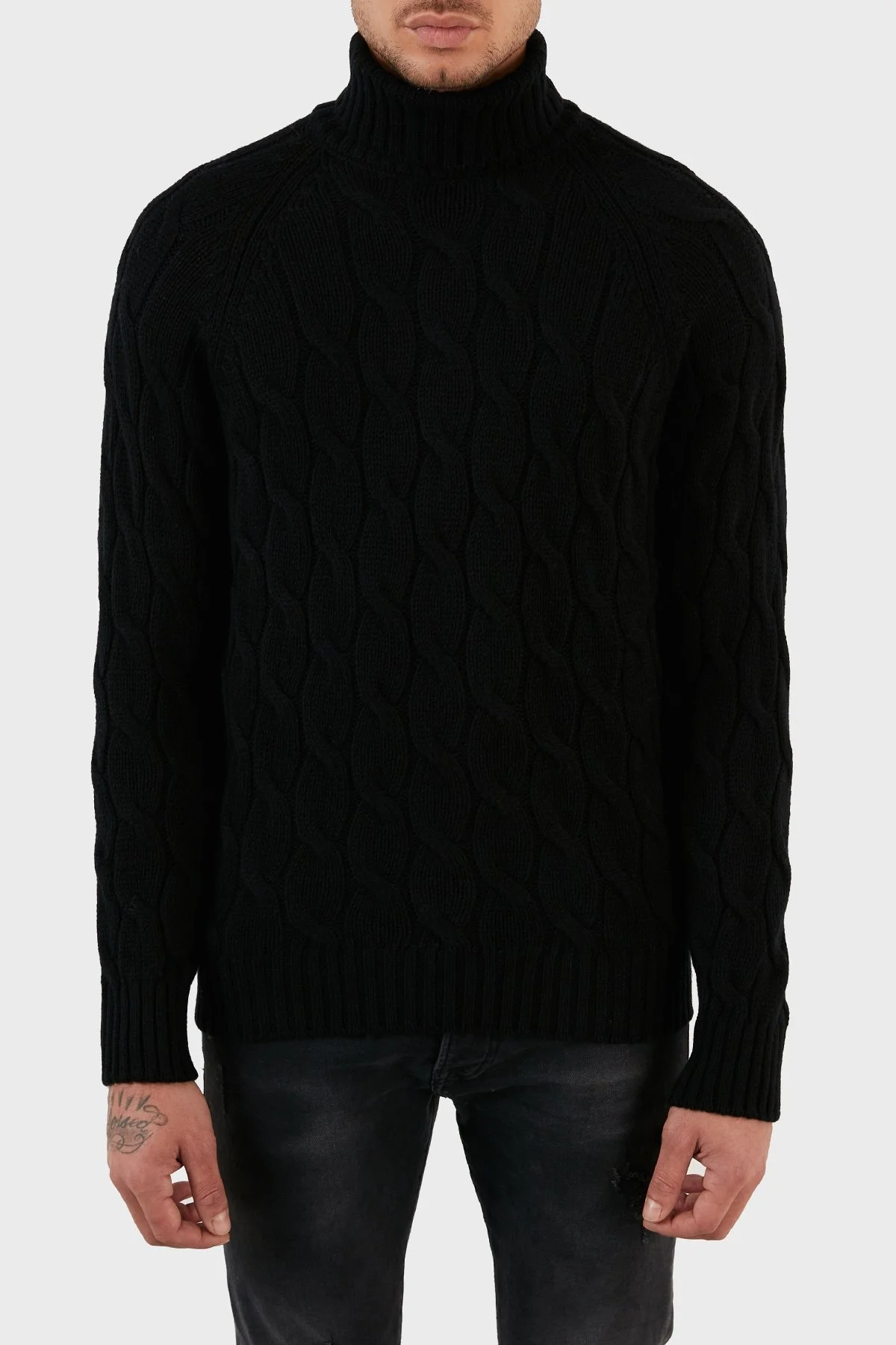 Gran Sasso Yünlü Balıkçı Yaka Örgü Desenli Erkek Kazak 13117 22622 099 SİYAH - 1