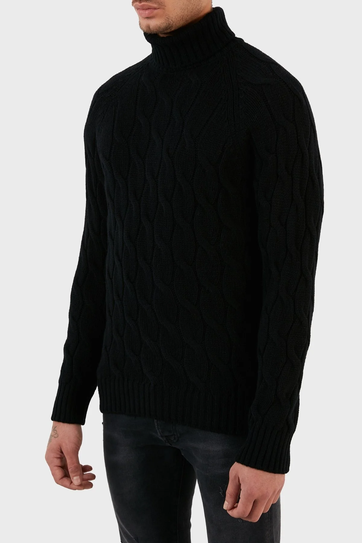 Gran Sasso Yünlü Balıkçı Yaka Örgü Desenli Erkek Kazak 13117 22622 099 SİYAH - 2