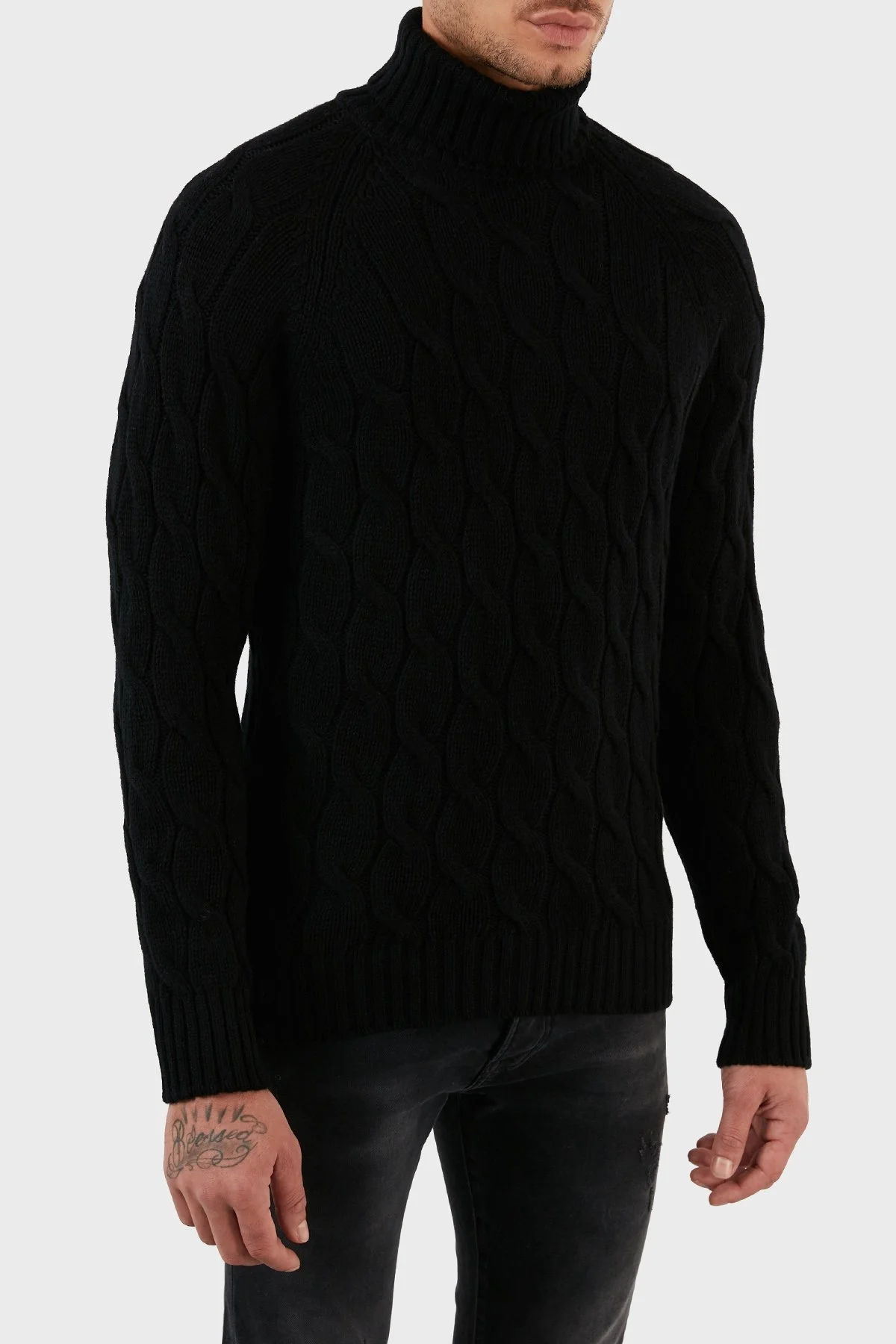 Gran Sasso Yünlü Balıkçı Yaka Örgü Desenli Erkek Kazak 13117 22622 099 SİYAH - 3