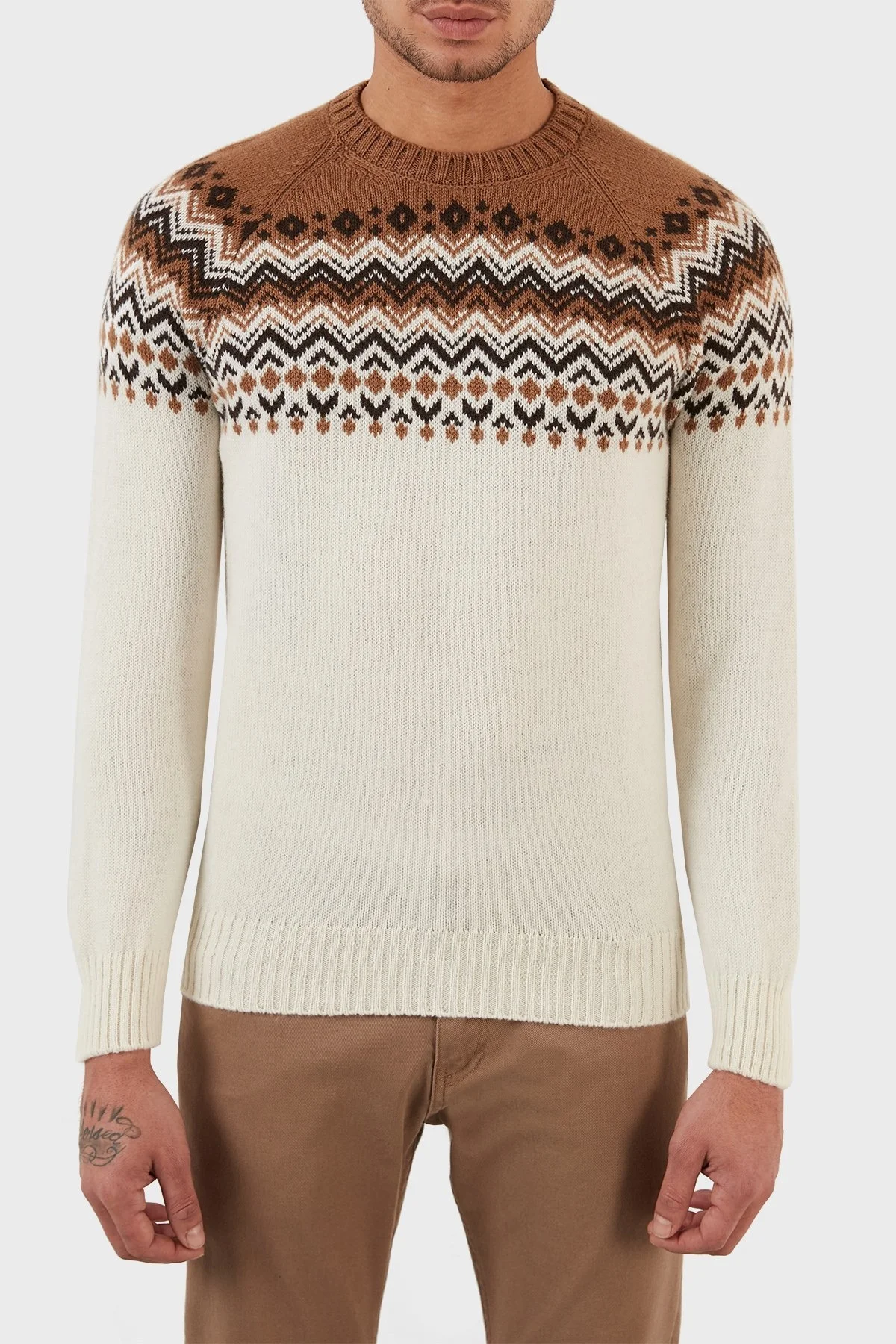 Gran Sasso Yünlü Desenli Bisiklet Yaka Erkek Kazak 13125 22614 006 KAHVE-BEYAZ - 1