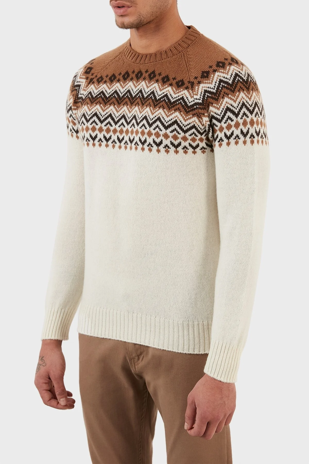 Gran Sasso Yünlü Desenli Bisiklet Yaka Erkek Kazak 13125 22614 006 KAHVE-BEYAZ - 2