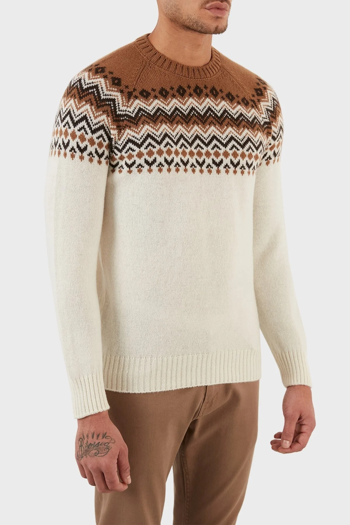 Gran Sasso Yünlü Desenli Bisiklet Yaka Erkek Kazak 13125 22614 006 KAHVE-BEYAZ - 3