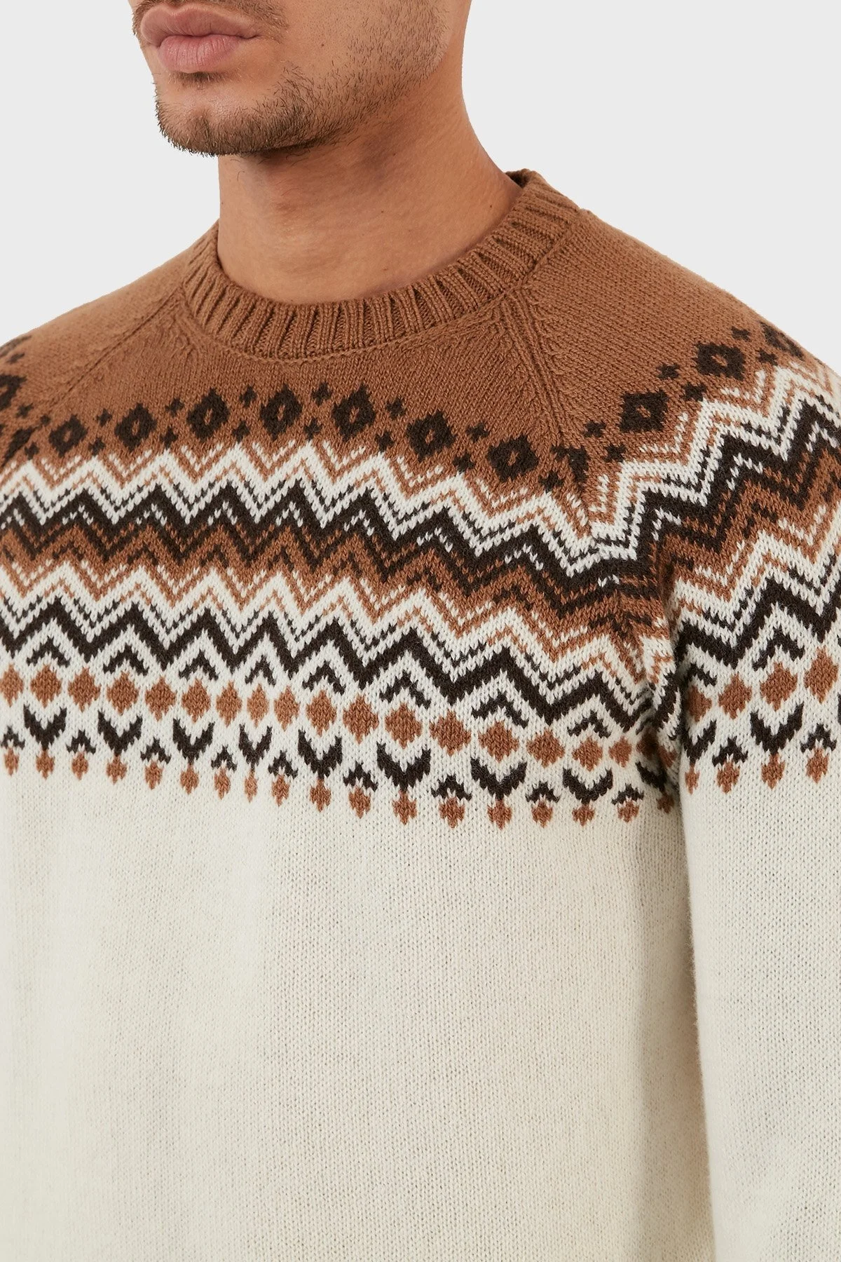 Gran Sasso Yünlü Desenli Bisiklet Yaka Erkek Kazak 13125 22614 006 KAHVE-BEYAZ - 4