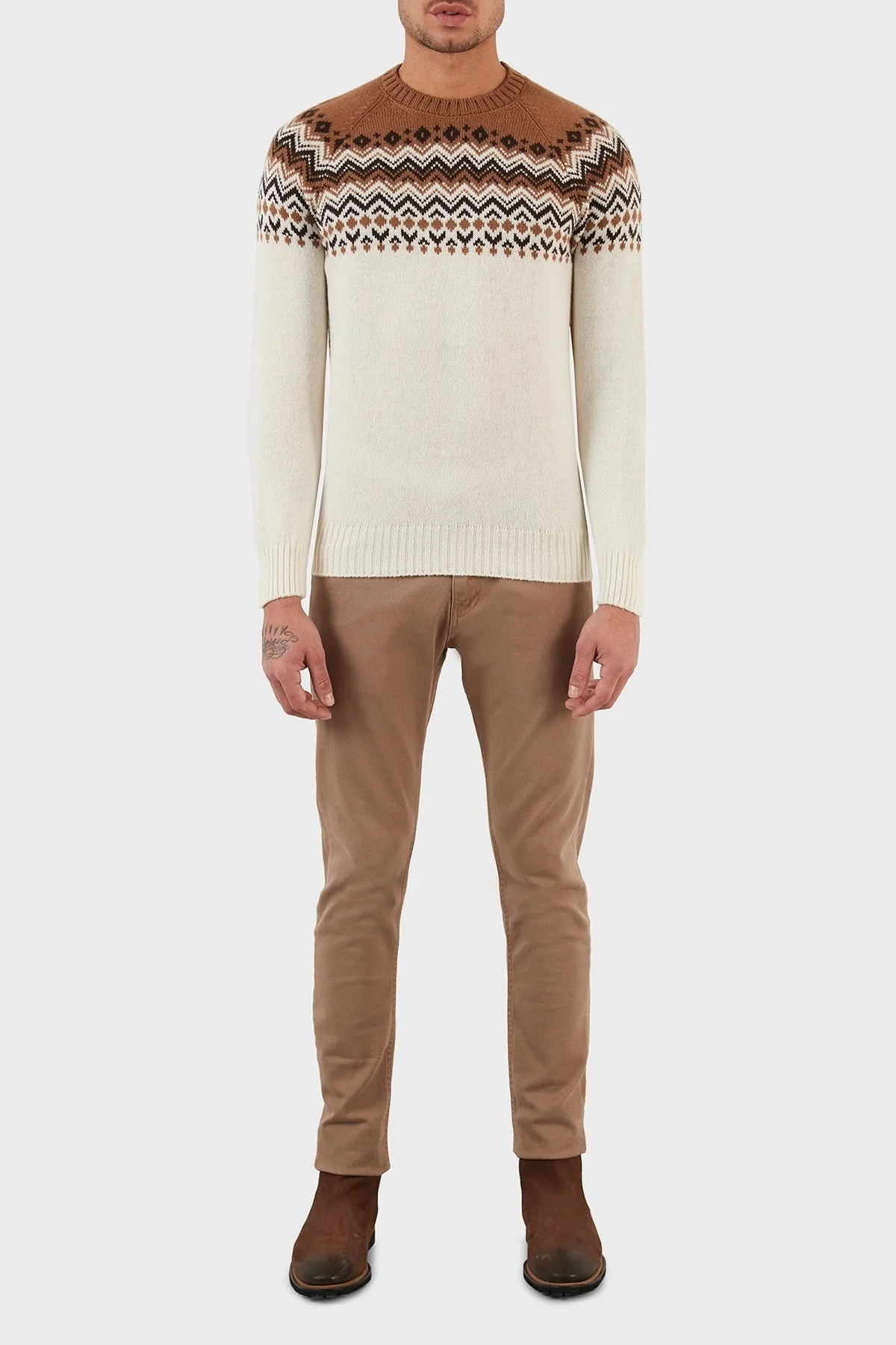 Gran Sasso Yünlü Desenli Bisiklet Yaka Erkek Kazak 13125 22614 006 KAHVE-BEYAZ - 5