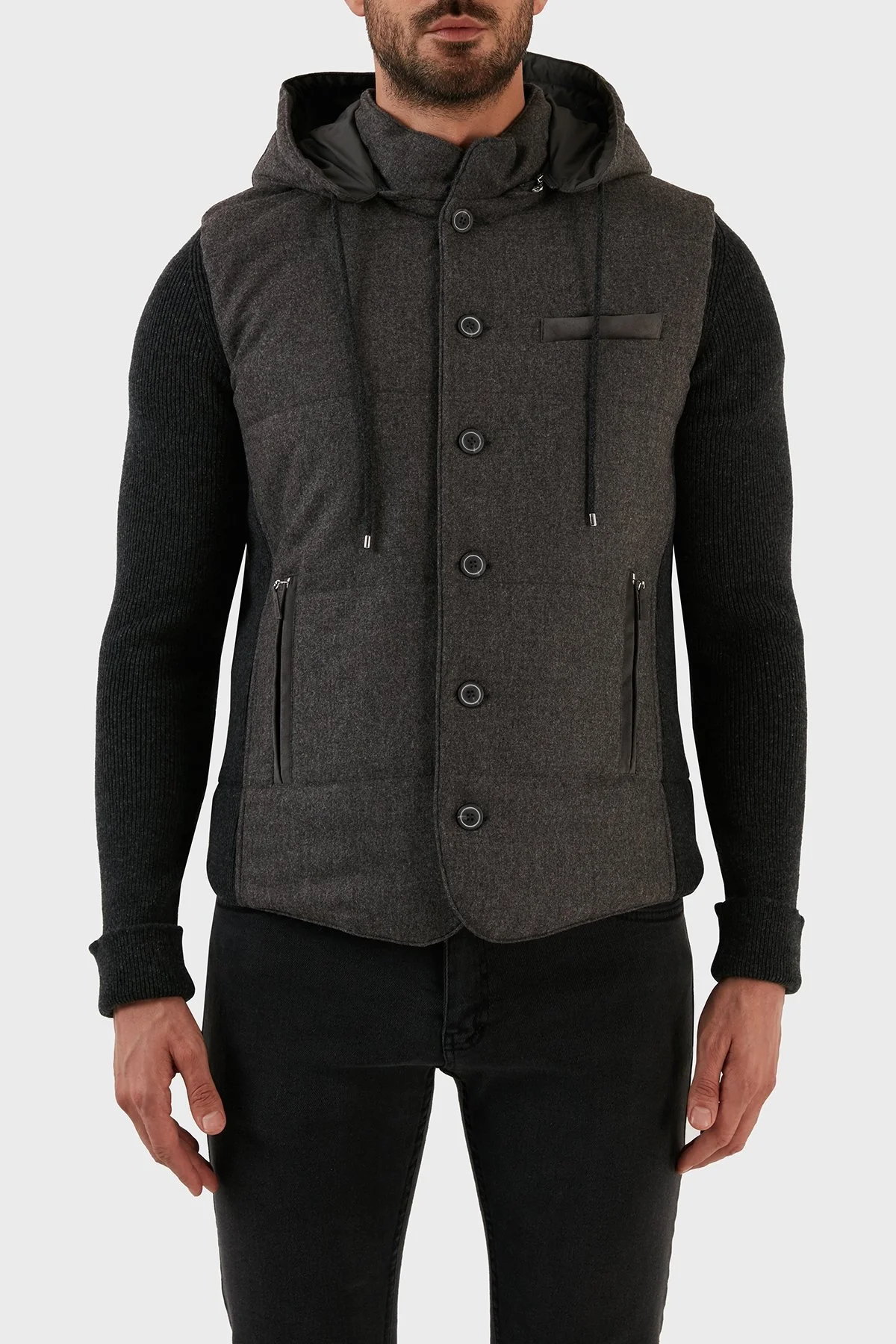 Gran Sasso Yünlü Düğmeli Çıkarılabilir Kapüşonlu Erkek Mont 23191 51303 080 FÜME - 1