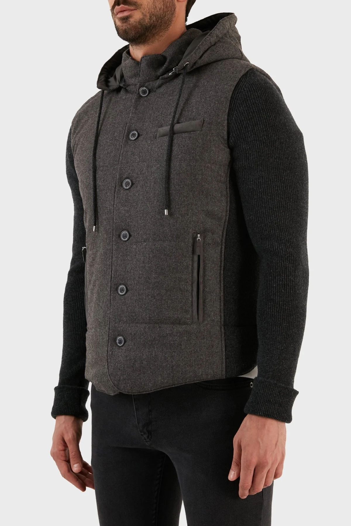 Gran Sasso Yünlü Düğmeli Çıkarılabilir Kapüşonlu Erkek Mont 23191 51303 080 FÜME - 2
