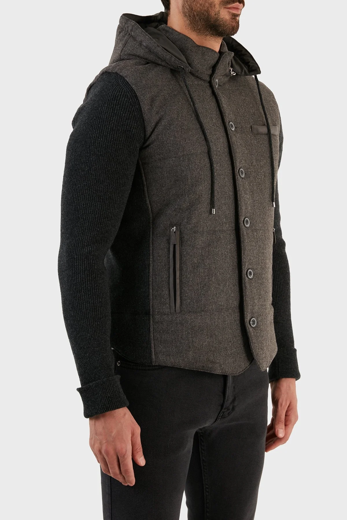 Gran Sasso Yünlü Düğmeli Çıkarılabilir Kapüşonlu Erkek Mont 23191 51303 080 FÜME - 3