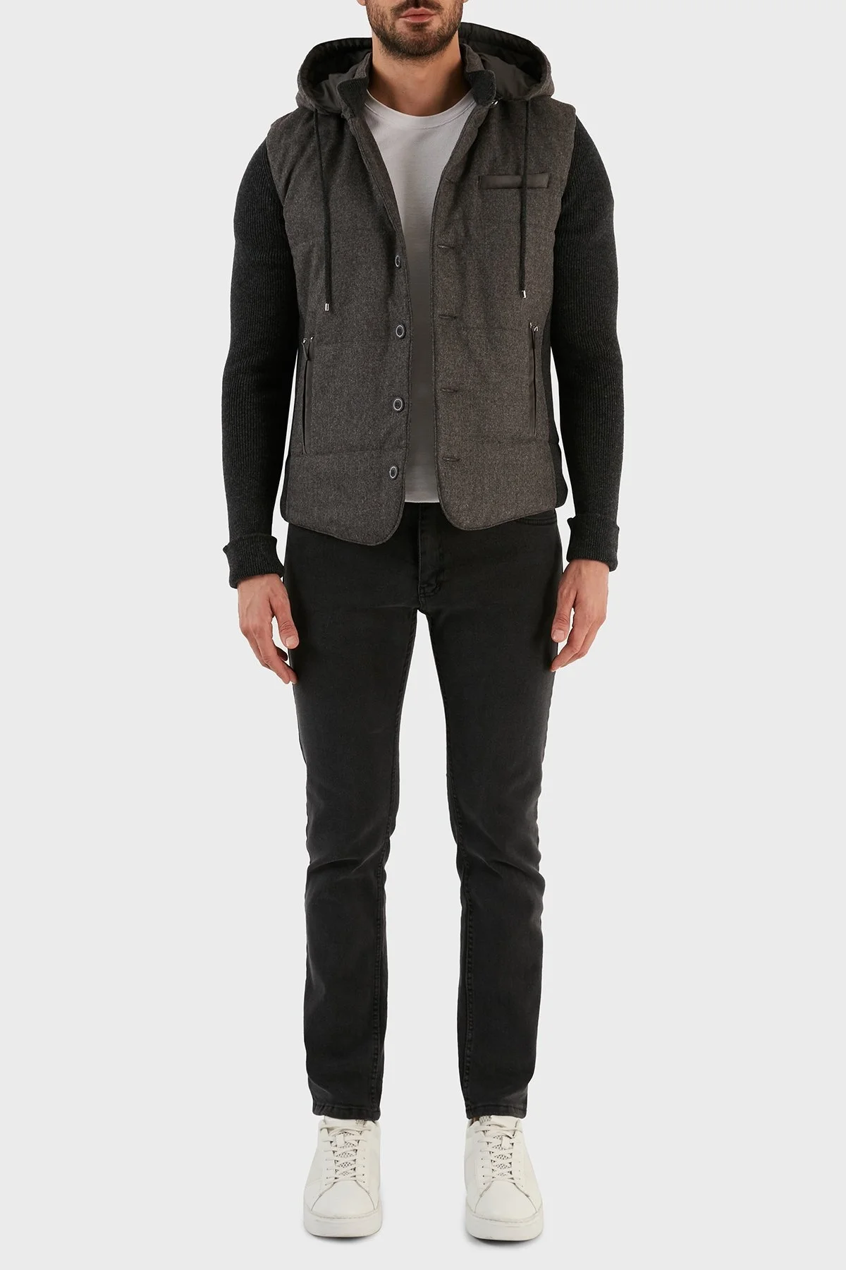 Gran Sasso Yünlü Düğmeli Çıkarılabilir Kapüşonlu Erkek Mont 23191 51303 080 FÜME - 4