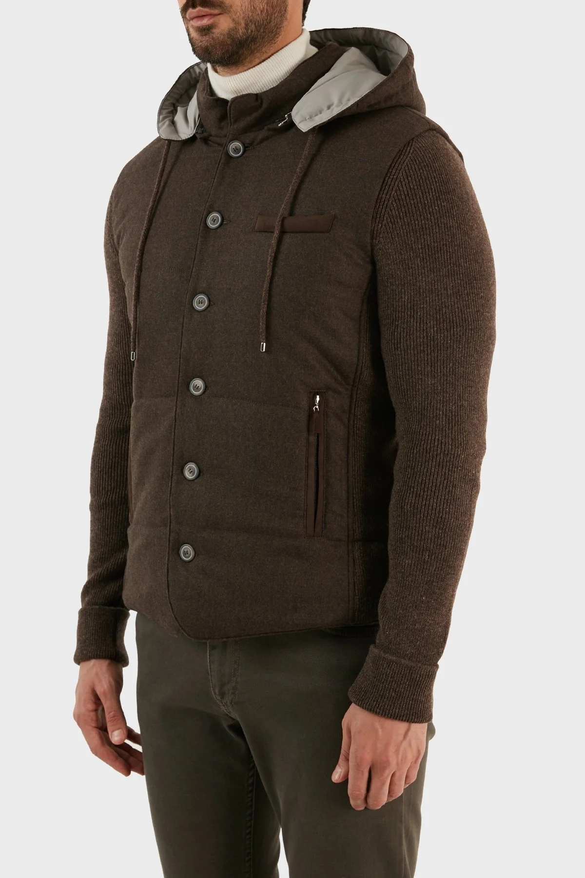 Gran Sasso Yünlü Düğmeli Çıkarılabilir Kapüşonlu Erkek Mont 23191 51303 194 KAHVE - 2