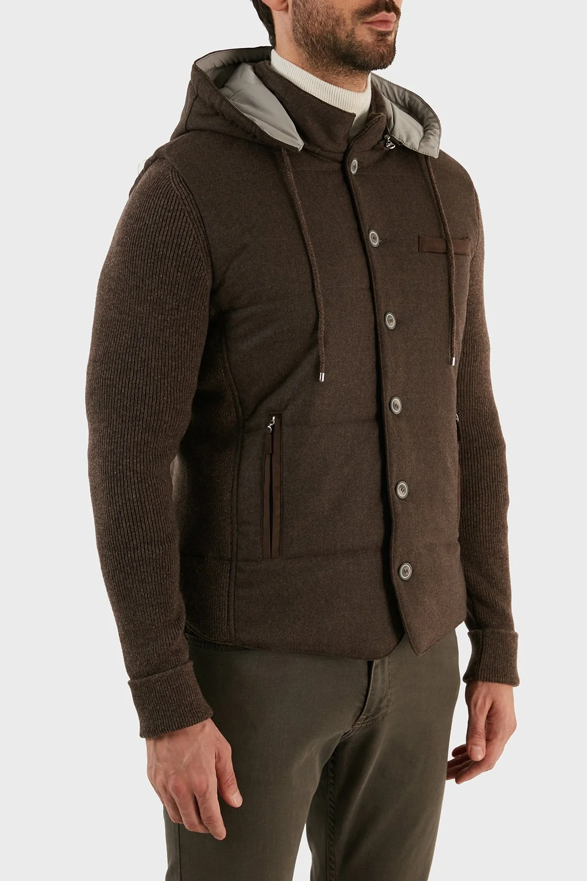 Gran Sasso Yünlü Düğmeli Çıkarılabilir Kapüşonlu Erkek Mont 23191 51303 194 KAHVE - 3