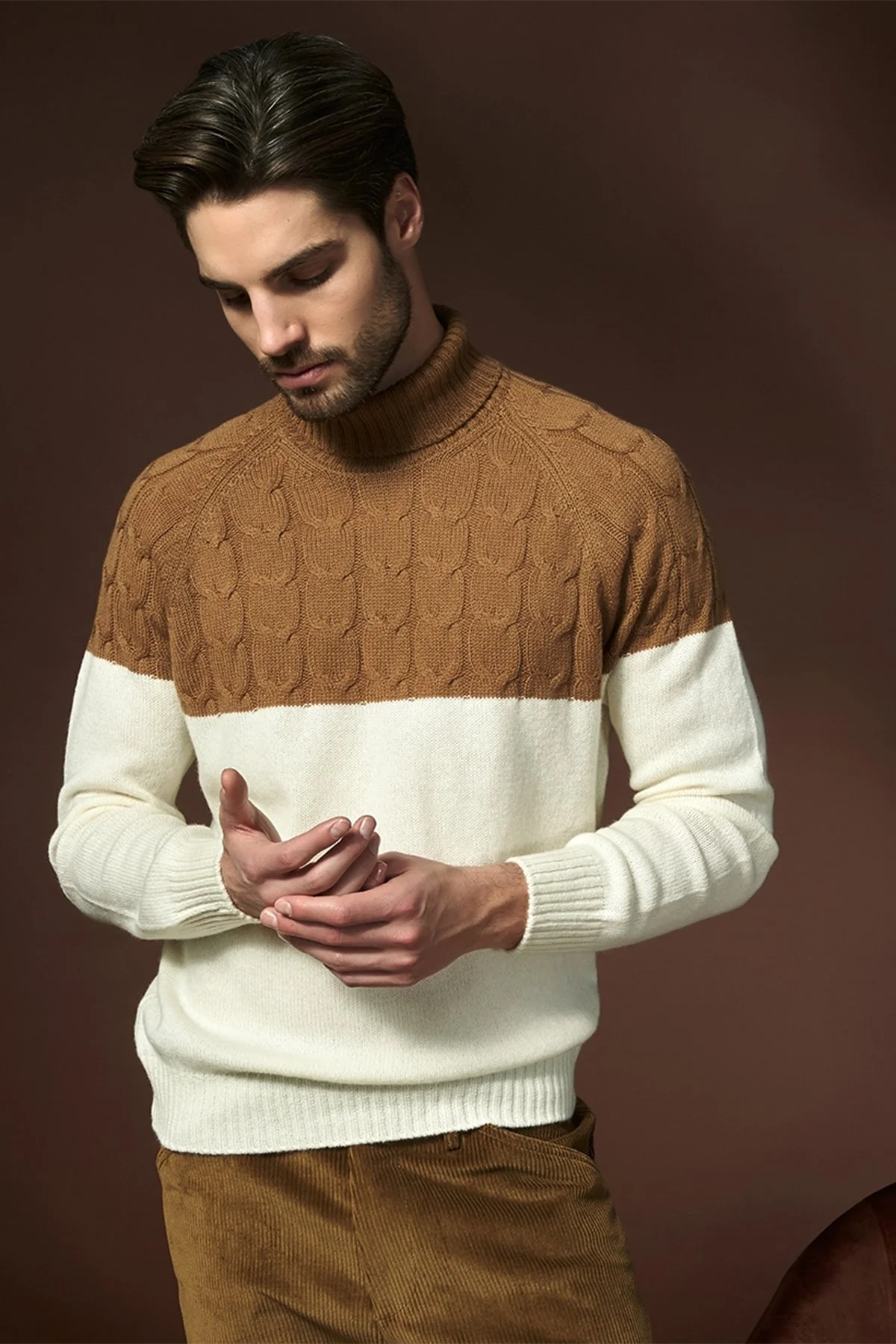 Gran Sasso Yünlü Renk Bloklu Balıkçı Yaka Erkek Kazak 13155 22616 006 KAHVE - 1