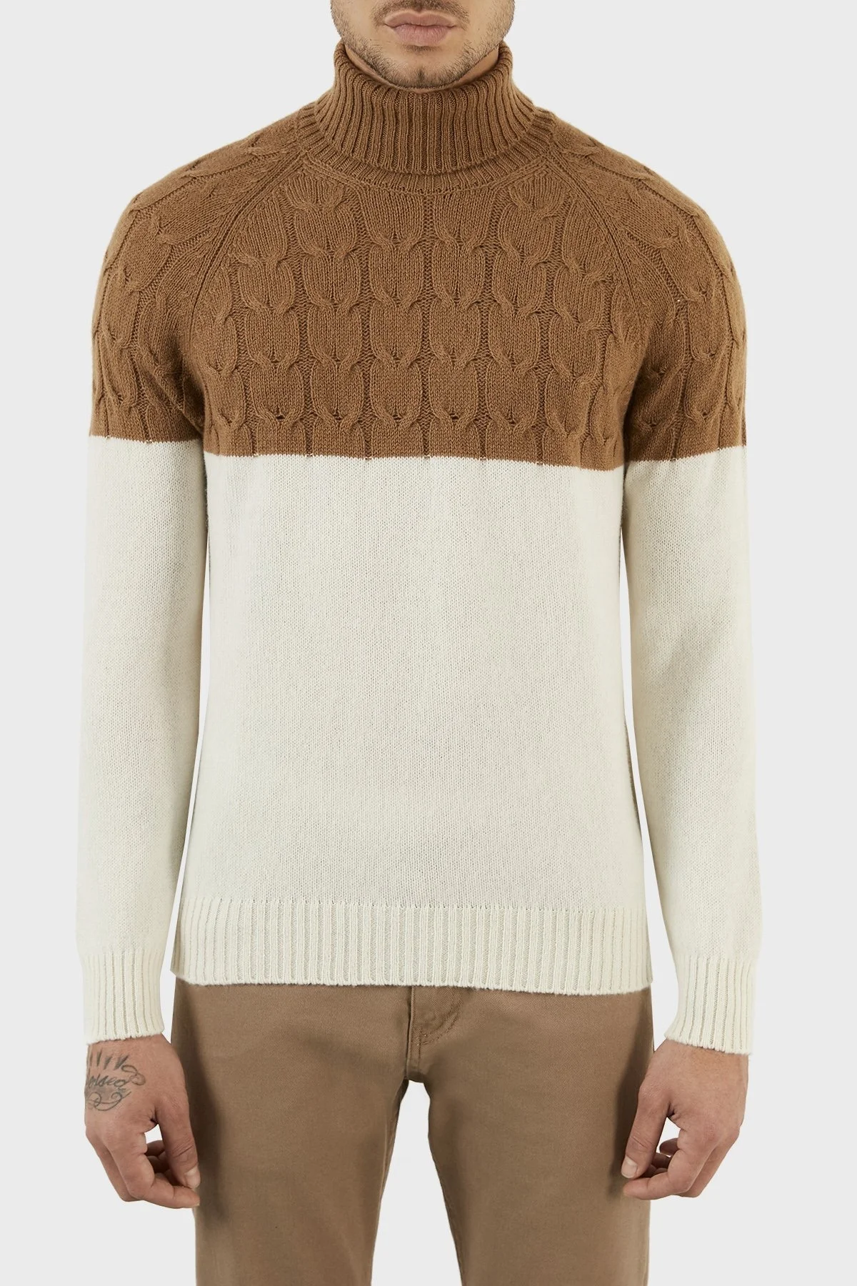 Gran Sasso Yünlü Renk Bloklu Balıkçı Yaka Erkek Kazak 13155 22616 006 KAHVE - 2