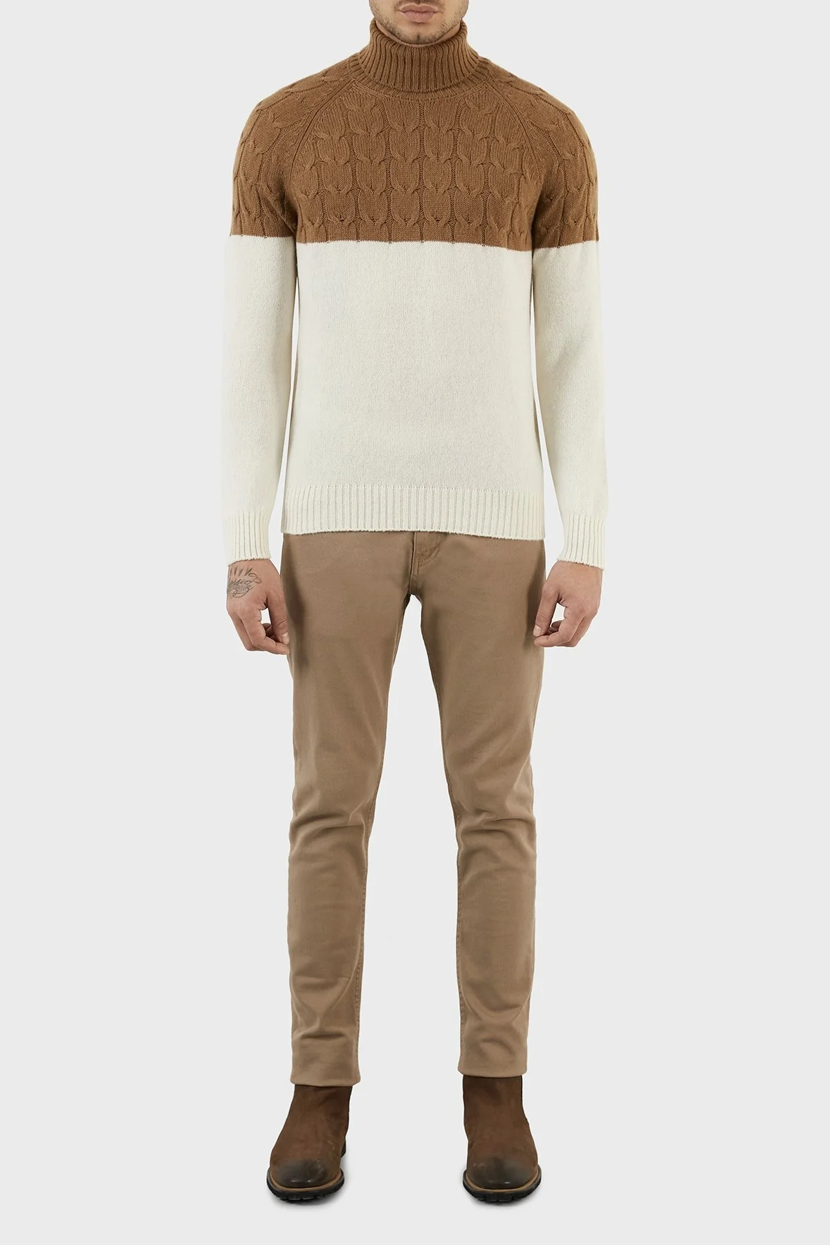 Gran Sasso Yünlü Renk Bloklu Balıkçı Yaka Erkek Kazak 13155 22616 006 KAHVE - 5