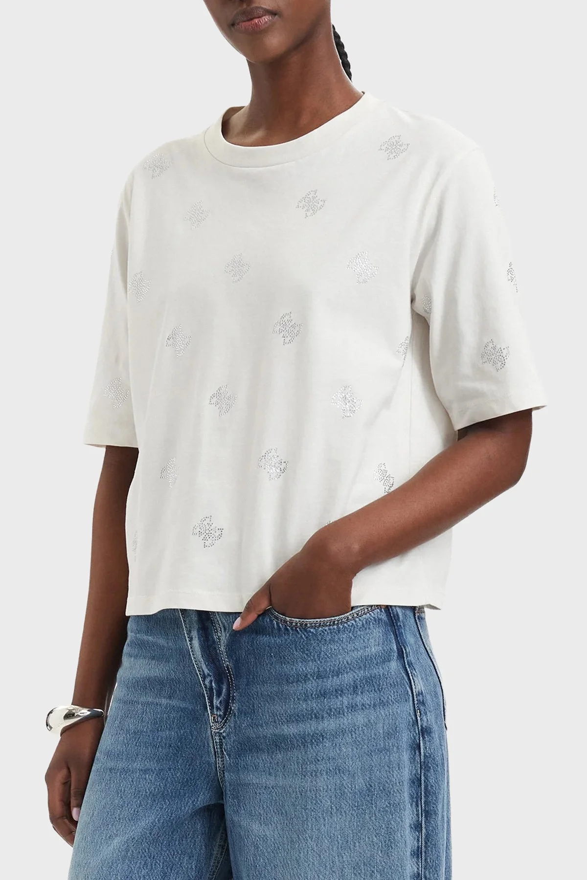 Guess % 100 Pamuk Taşlı Logo Detaylı Bisiklet Yaka V6GI18K2985 Kadın T Shirt V6GI18 K2985 G056 EKRU - 1