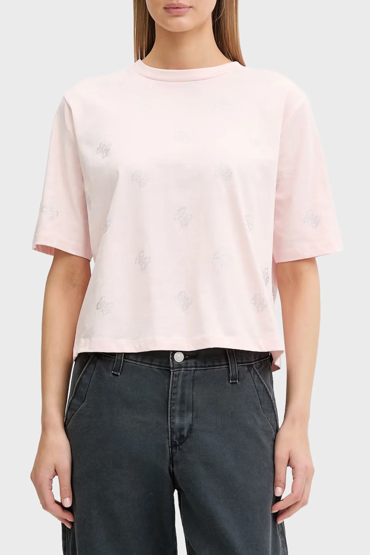 Guess % 100 Pamuk Taşlı Logo Detaylı Bisiklet Yaka V6GI18K2985 Kadın T Shirt V6GI18 K2985 G63M PUDRA - 1