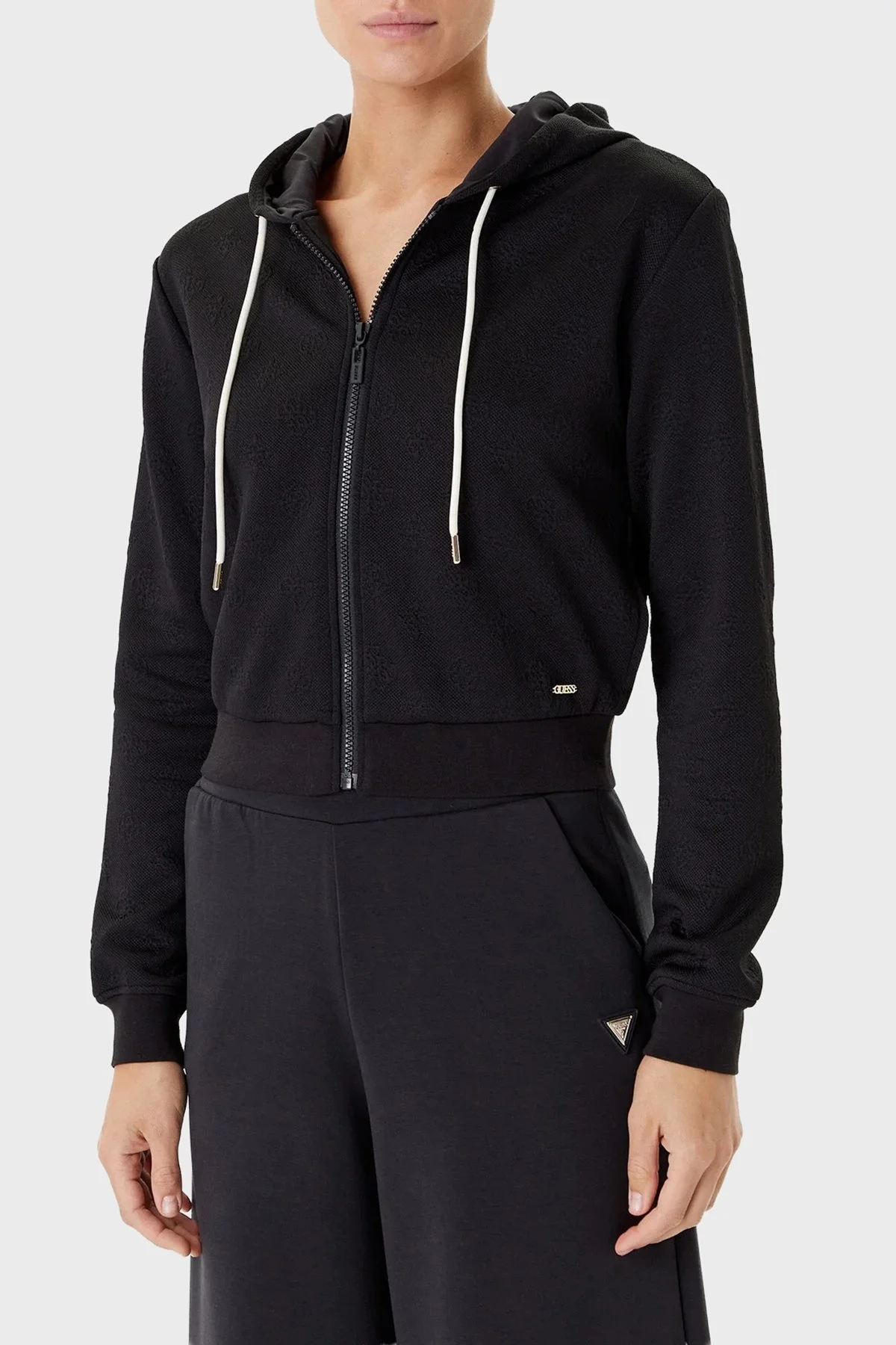 Guess 3D Peony Jakarlı Regular Fit Kapüşonlu Crop V5YQ06KBSL2 Bayan Sweat V5YQ06 KBSL2 FJ8A SİYAH - 1