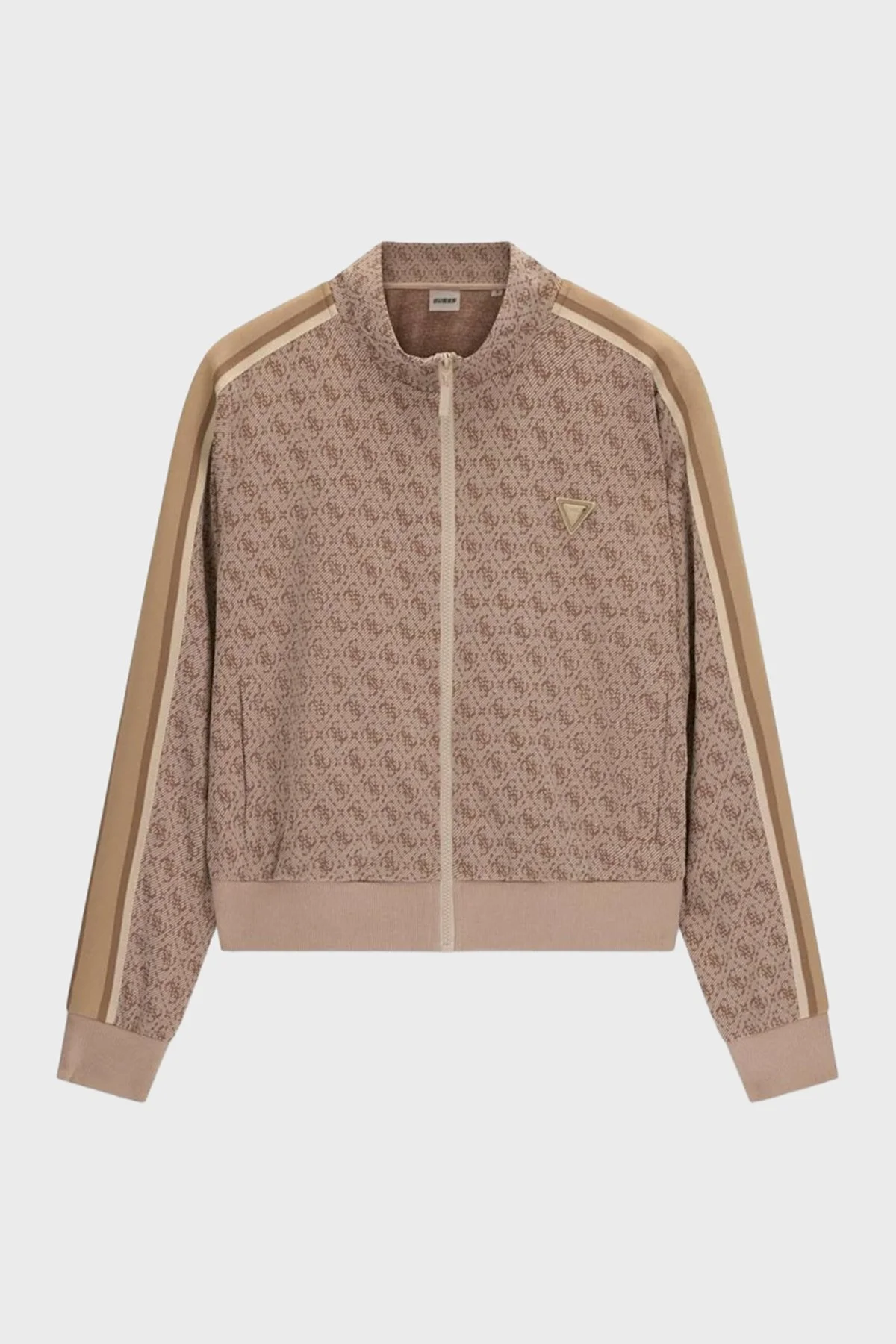 Guess 4G Allover Jacquard Tamamı Logolu Dik Yaka Fermuarlı Kadın Sweat V6BQ27 K7946 FNNH Bej - 5