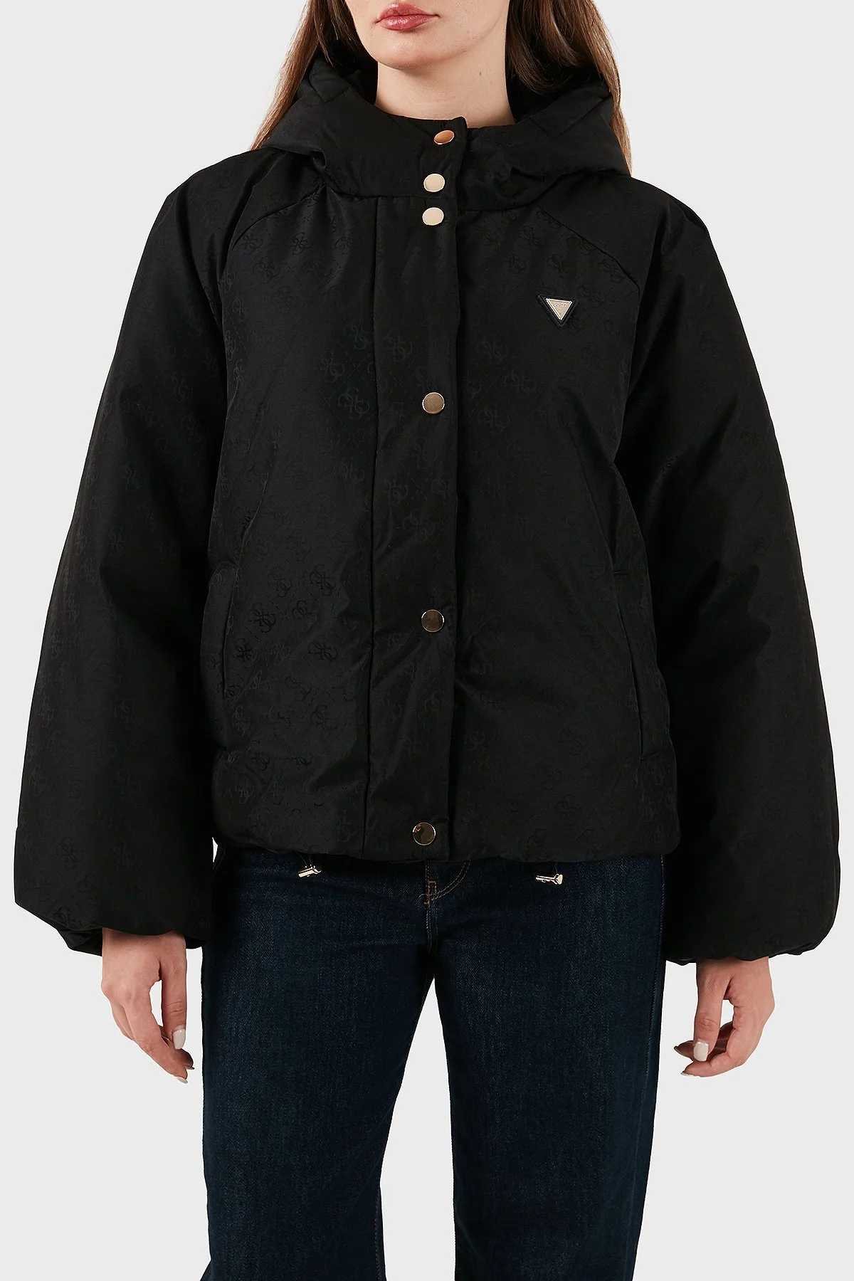 Guess 4G Boxy Tamamı Logolu Relaxed Fit Kapüşonlu Şişme V5BL07WGLW2 Bayan Mont V5BL07 WGLW2 FJ9G SİYAH - 1