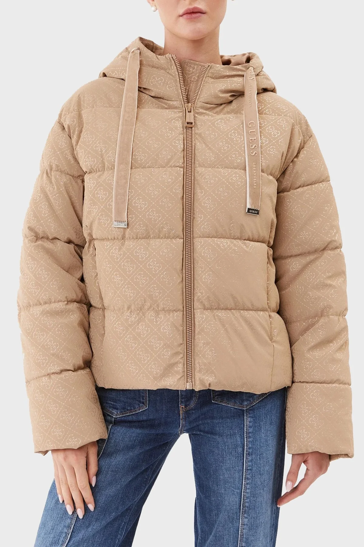Guess 4G Logo Su İtici Rüzgar Geçirmez Kapüşonlu Şişme Bayan Mont W3BL22WFQU0 G1J7 BEJ - 1