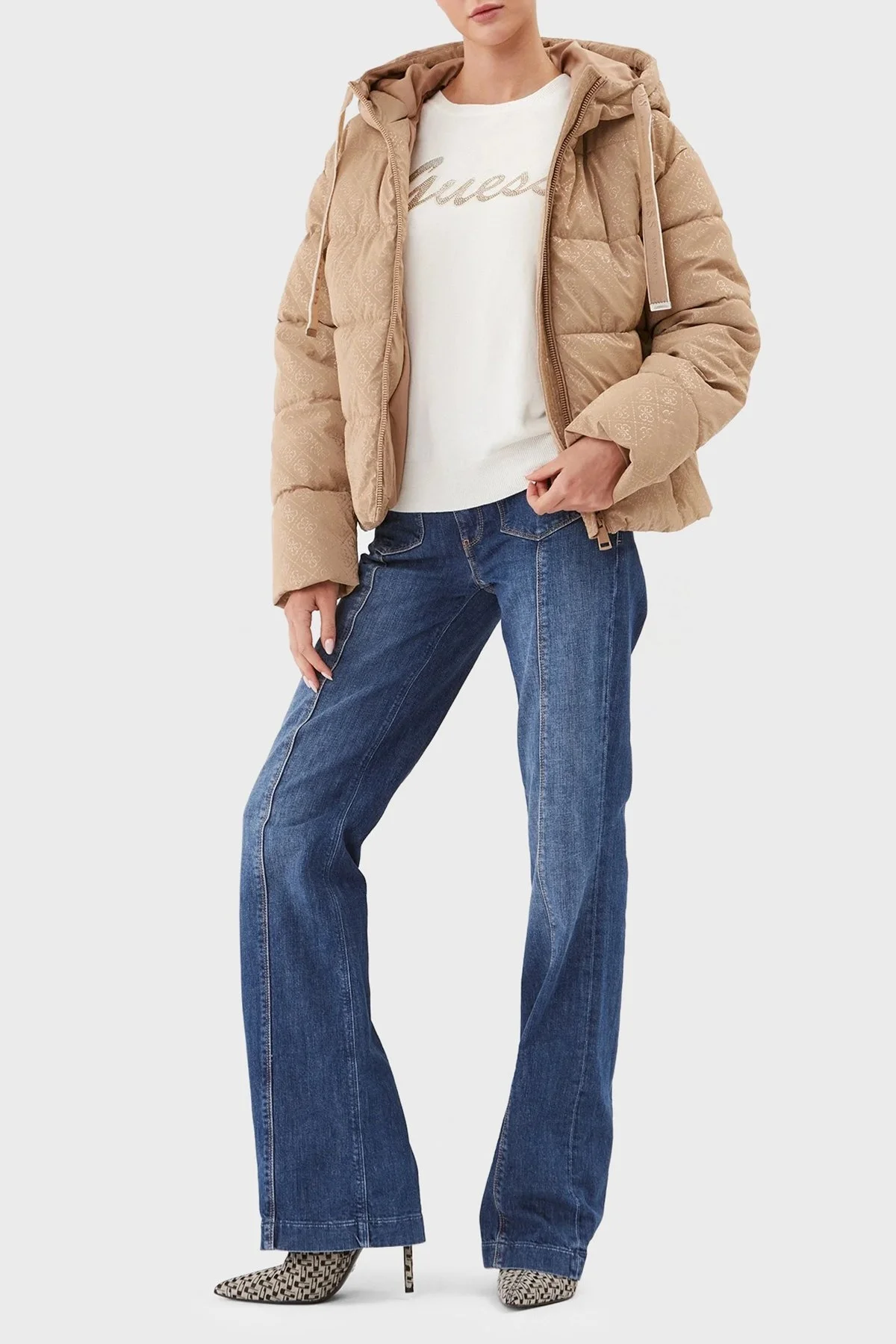 Guess 4G Logo Su İtici Rüzgar Geçirmez Kapüşonlu Şişme Bayan Mont W3BL22WFQU0 G1J7 BEJ - 3