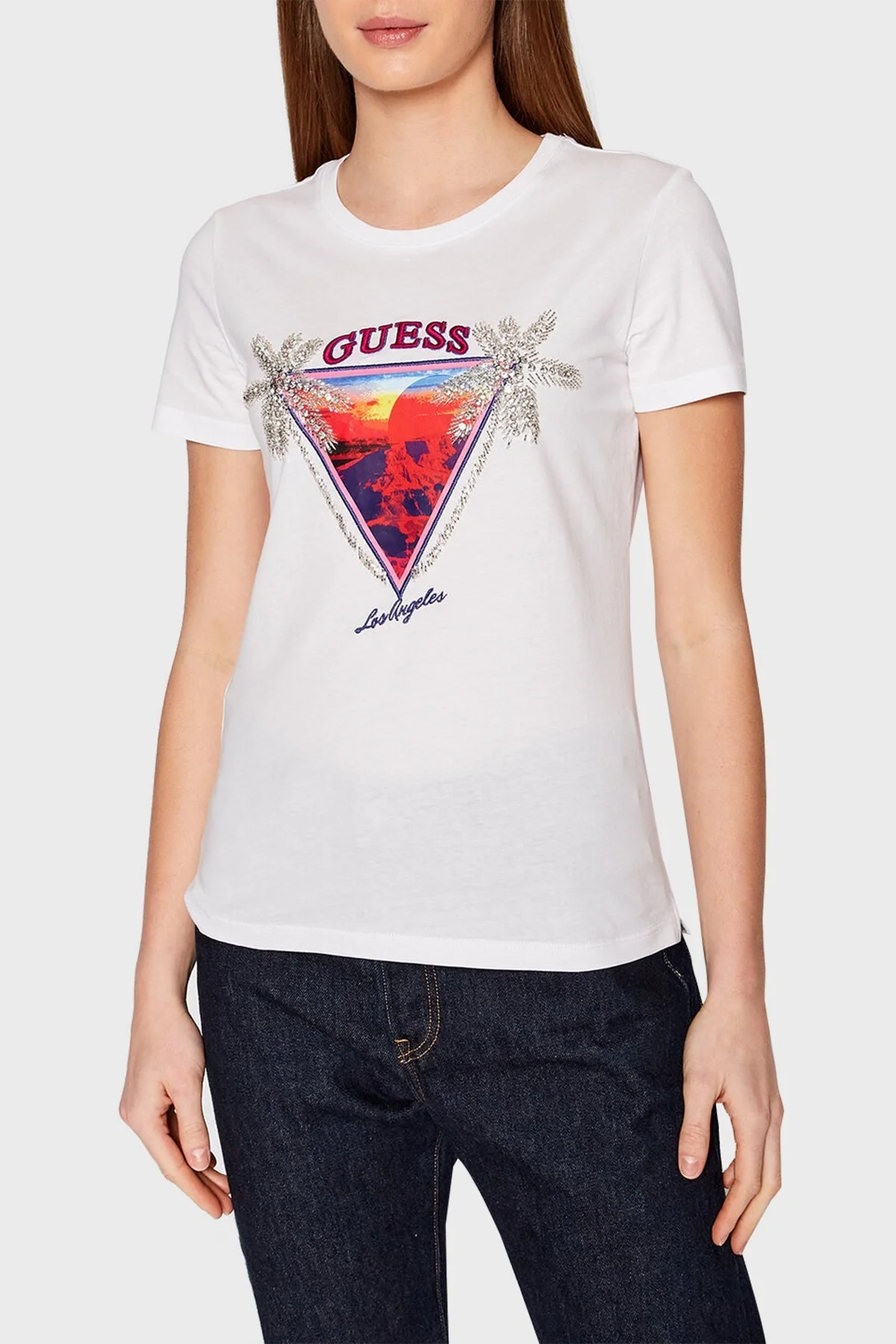 Guess Adelajda Pamuklu Baskılı Regular Fit Bisiklet Yaka Bayan T Shirt W2GI41JA900 G011 BEYAZ - 1