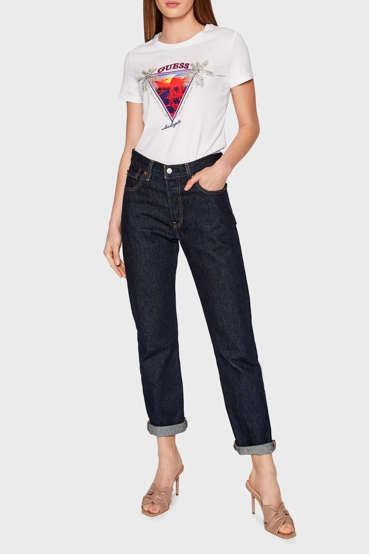 Guess Adelajda Pamuklu Baskılı Regular Fit Bisiklet Yaka Bayan T Shirt W2GI41JA900 G011 BEYAZ - 2