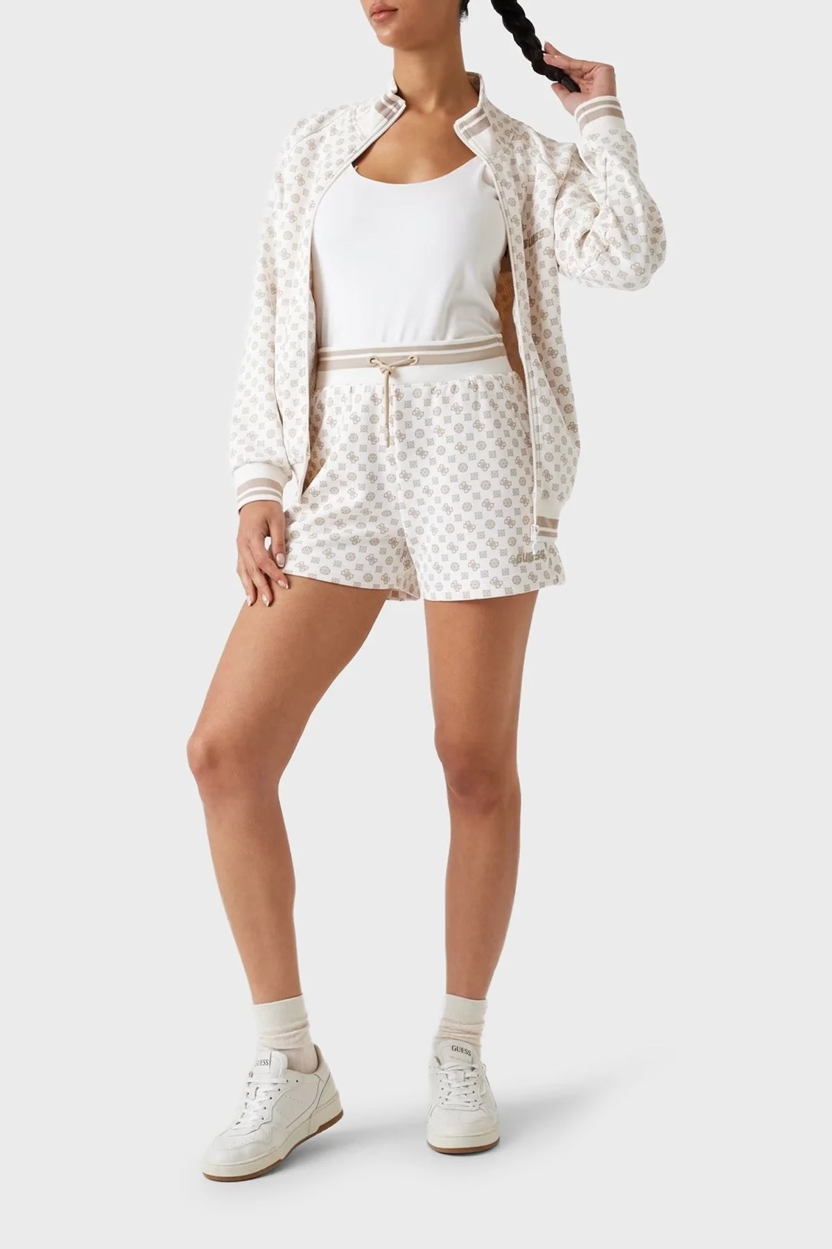 Guess Aggie 4G Logo Baskılı Regular Fit Dik Yaka Scuba V5YQ03KB212 Bayan Sweat V5YQ03 KB212 P1MS BEYAZ-BEJ - 2