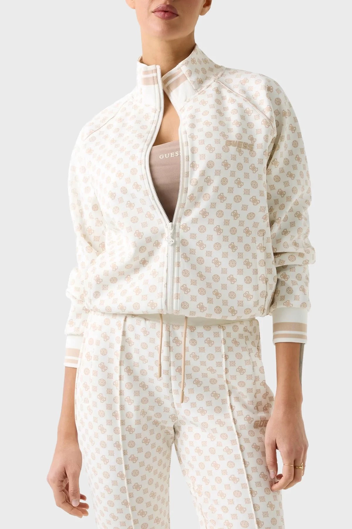 Guess Aggie Scuba Regular Fit Logo Baskılı Dik Yaka shirt V5YQ03KB212 Bayan Sweat V5YQ03 KB212 P0OR KREM - 1