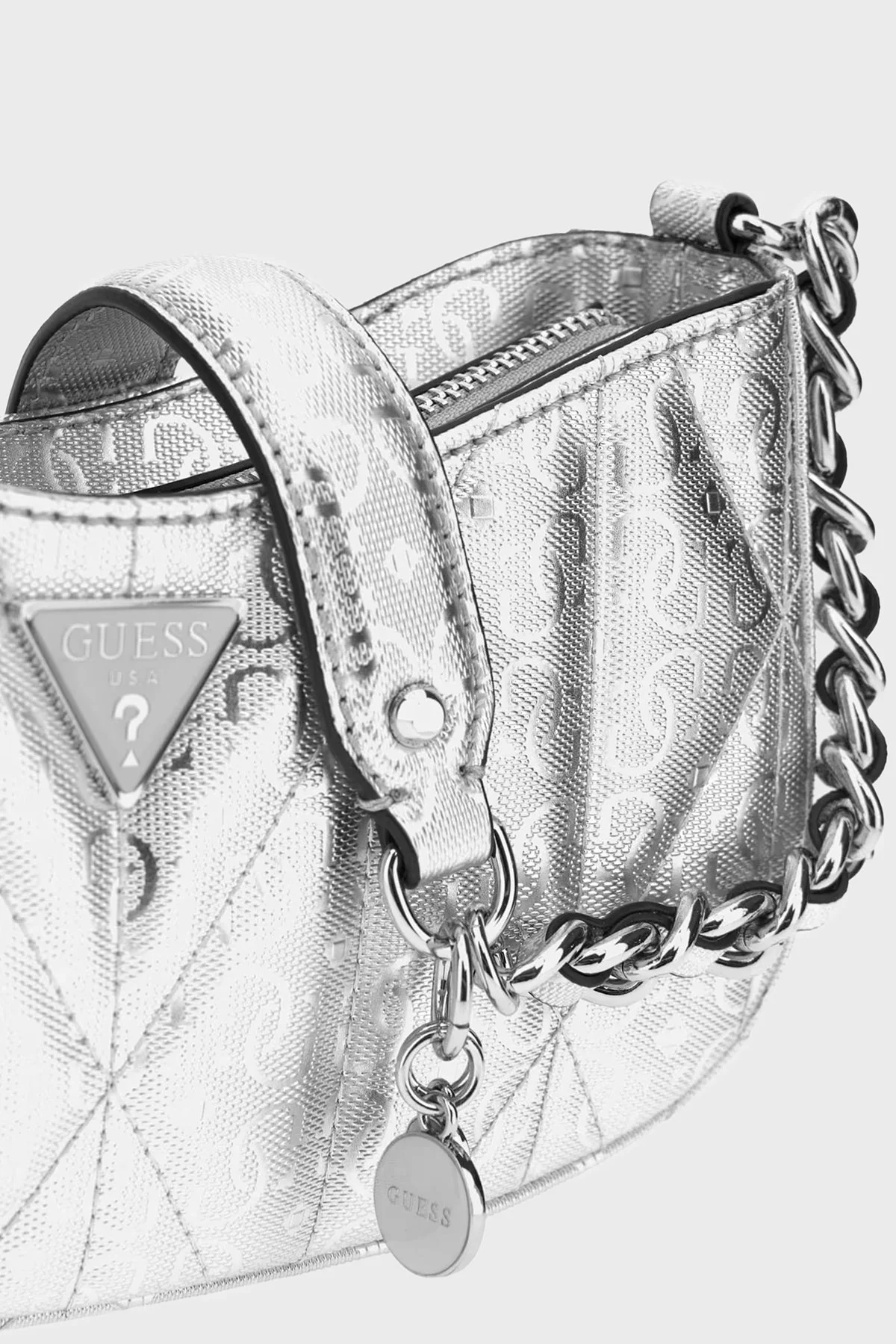 Guess Aldina Jakarlı Logo Baskılı Zincir Askılı Mini HWGY9663170 Bayan Çanta HWGY96 63170 SIL GÜMÜŞ - 5