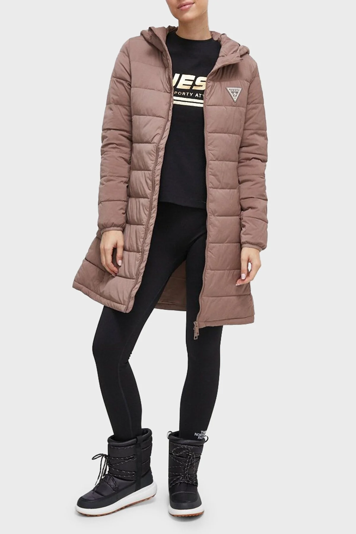 Guess Aleta Regular Fit Kapüşonlu Uzun Şişme Bayan Mont V3BL12WF3X0 G1Q3 BEJ - 9