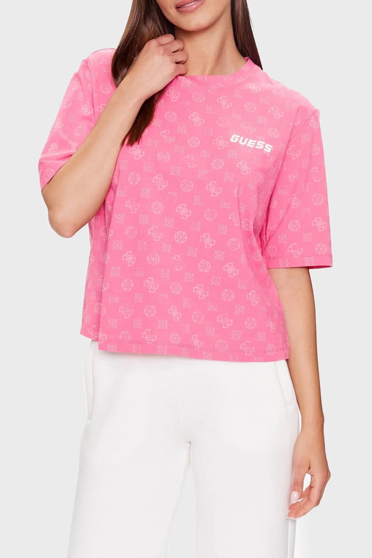 Guess Aletha Pamuklu Regular Fit Bisiklet Yaka Crop Bayan T Shirt V3YI00I3Z14 P65J FUŞYA - 1