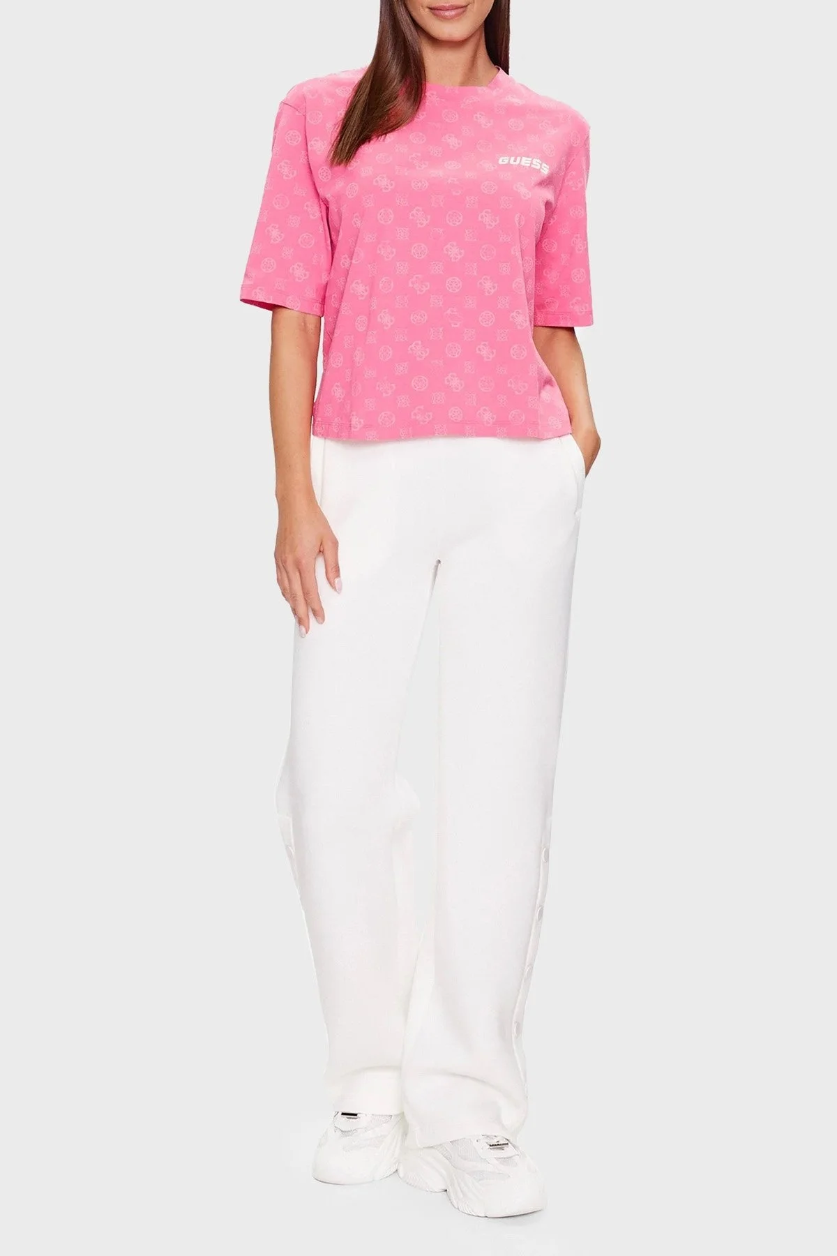 Guess Aletha Pamuklu Regular Fit Bisiklet Yaka Crop Bayan T Shirt V3YI00I3Z14 P65J FUŞYA - 3