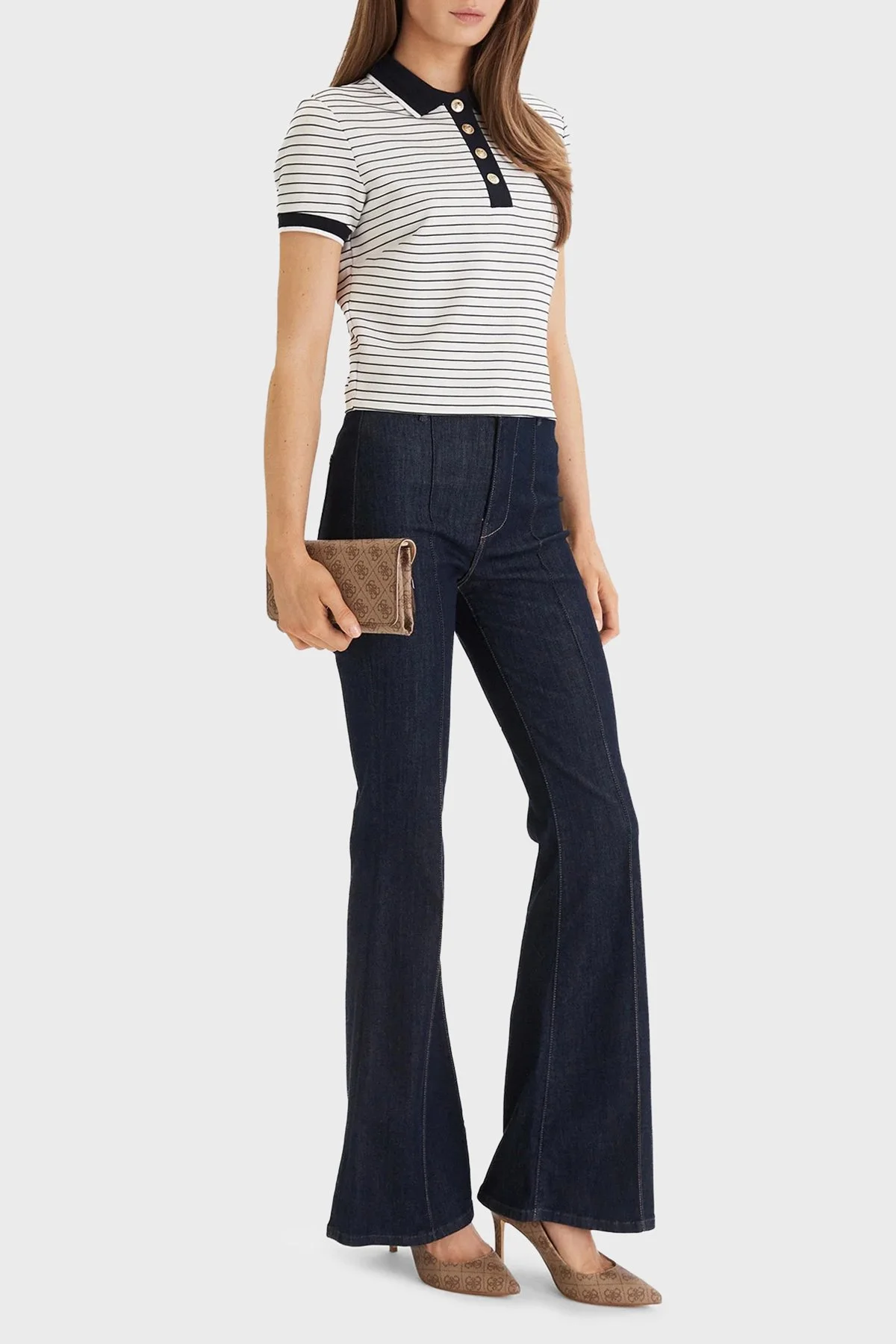 Guess Alphonsin Çizgili Slim Fit Düğmeli Polo W6GP17 K2946 Bayan T Shirt W6GP17 K2946 S0AK BEYAZ-SİYAH - 2