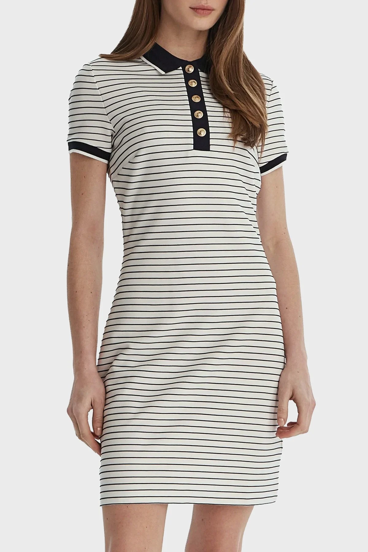 Guess Alphonsin Regular Fit Düğmeli Polo Yaka Çizgili Mini W6GK14K2948 Bayan Elbise W6GK14 K2948 S0AK BEYAZ-SİYAH - 1