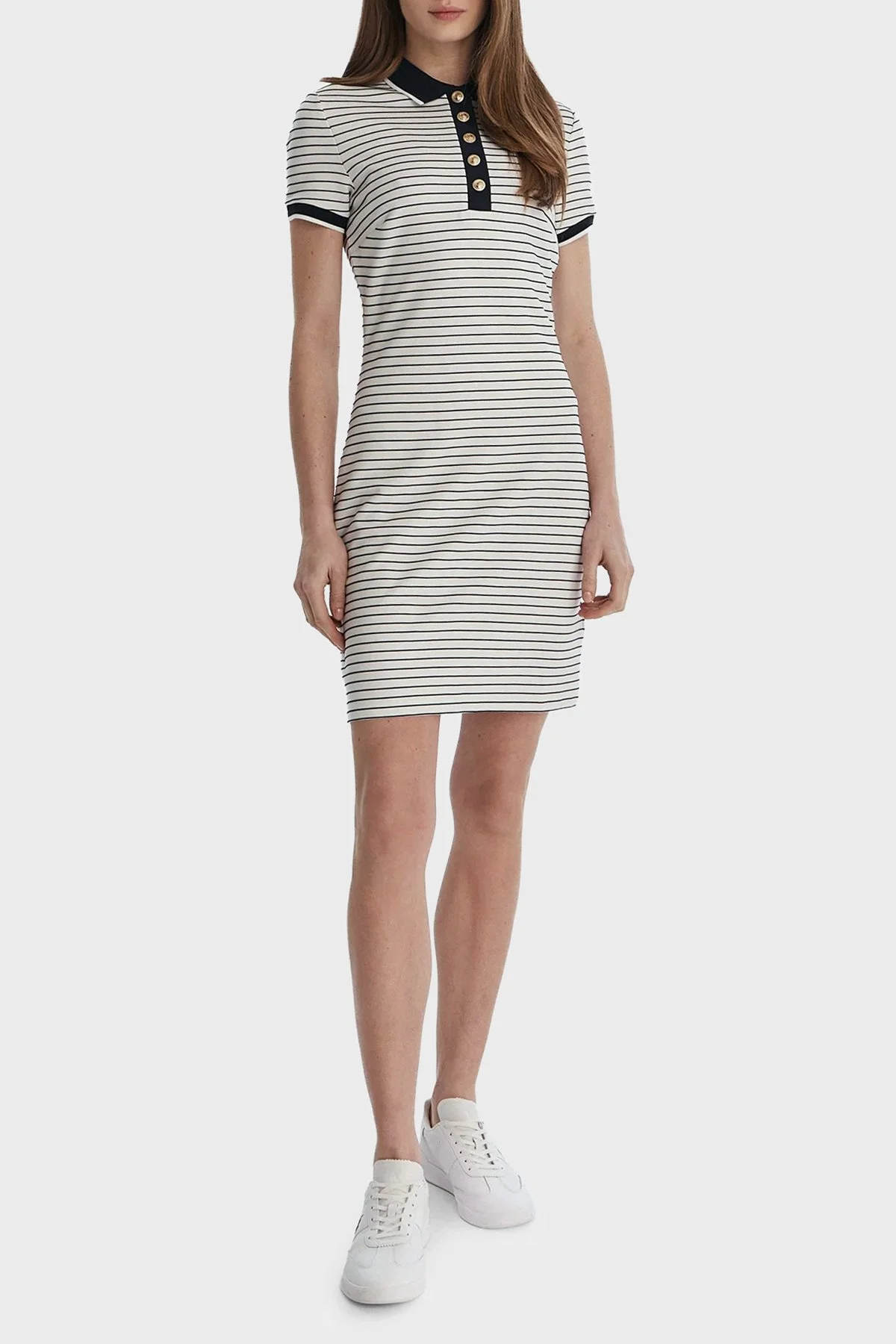 Guess Alphonsin Regular Fit Düğmeli Polo Yaka Çizgili Mini W6GK14K2948 Bayan Elbise W6GK14 K2948 S0AK BEYAZ-SİYAH - 2