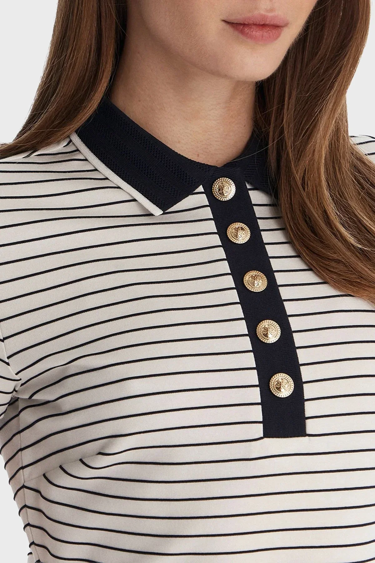 Guess Alphonsin Regular Fit Düğmeli Polo Yaka Çizgili Mini W6GK14K2948 Bayan Elbise W6GK14 K2948 S0AK BEYAZ-SİYAH - 4