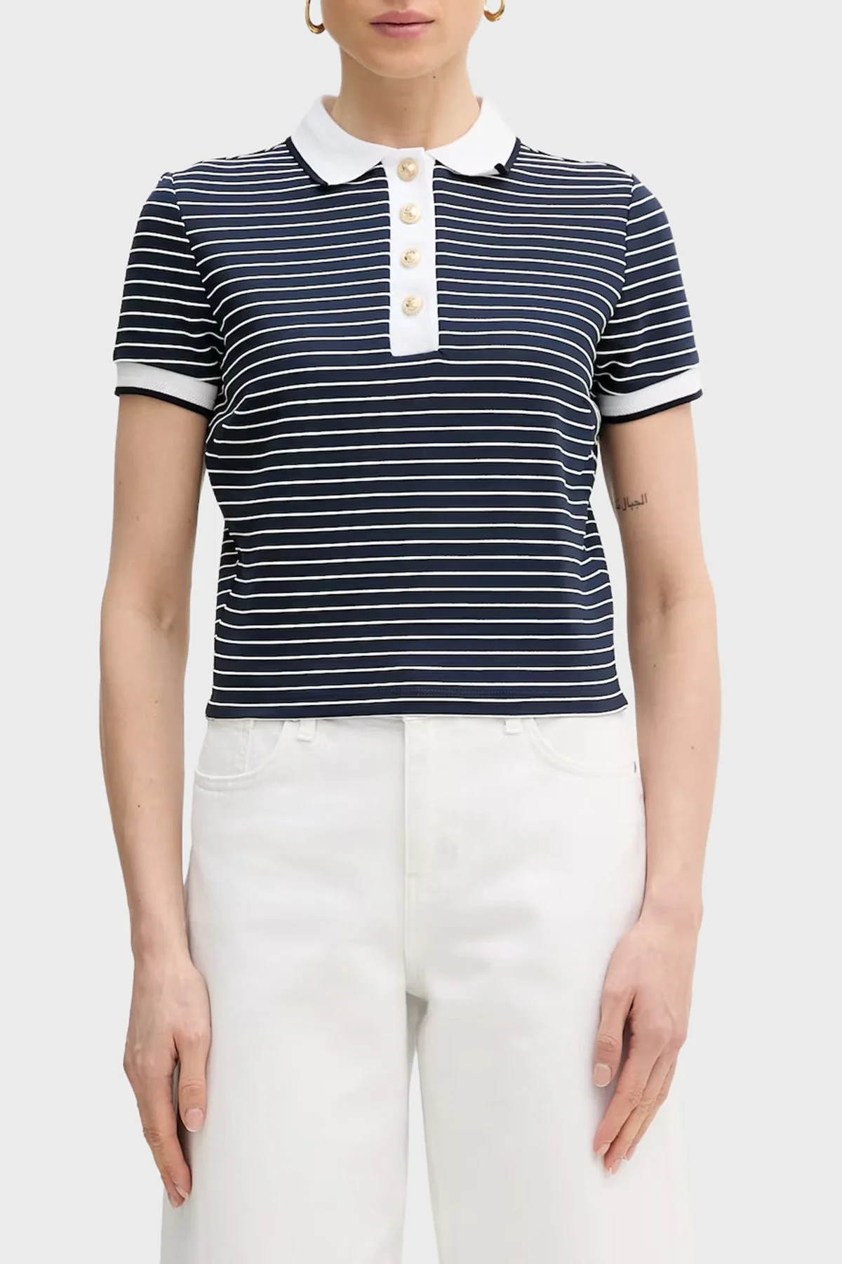 Guess Alphonsin Slim Fit Çizgili Düğmeli W6GP17K2946 Bayan Polo W6GP17 K2946 SB09 LACİVERT - 1