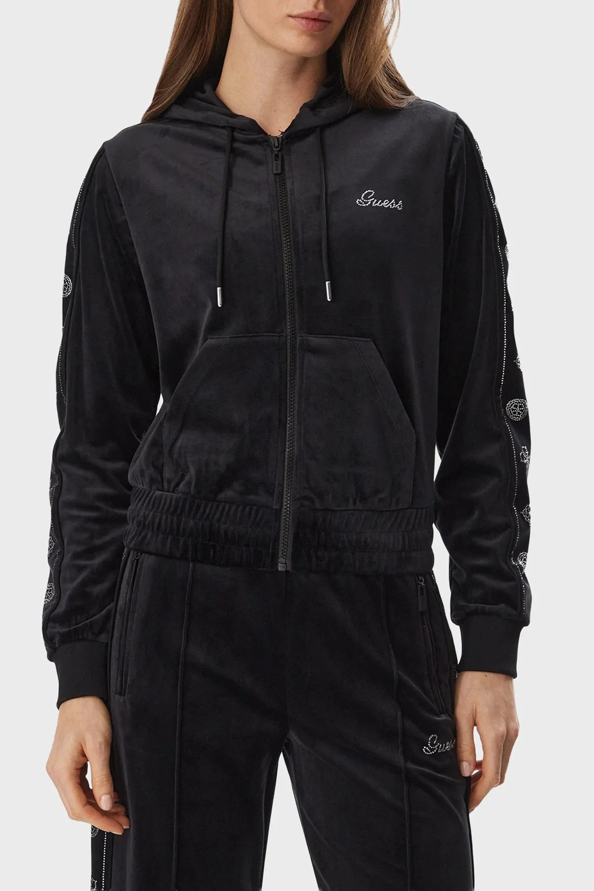 Guess Amalia Logolu Slim Fit Kapüşonlu Yaka Fermuarlı V6BQ07K6301 Kadın Sweat V6BQ07 K6301 JBLK Siyah - 1