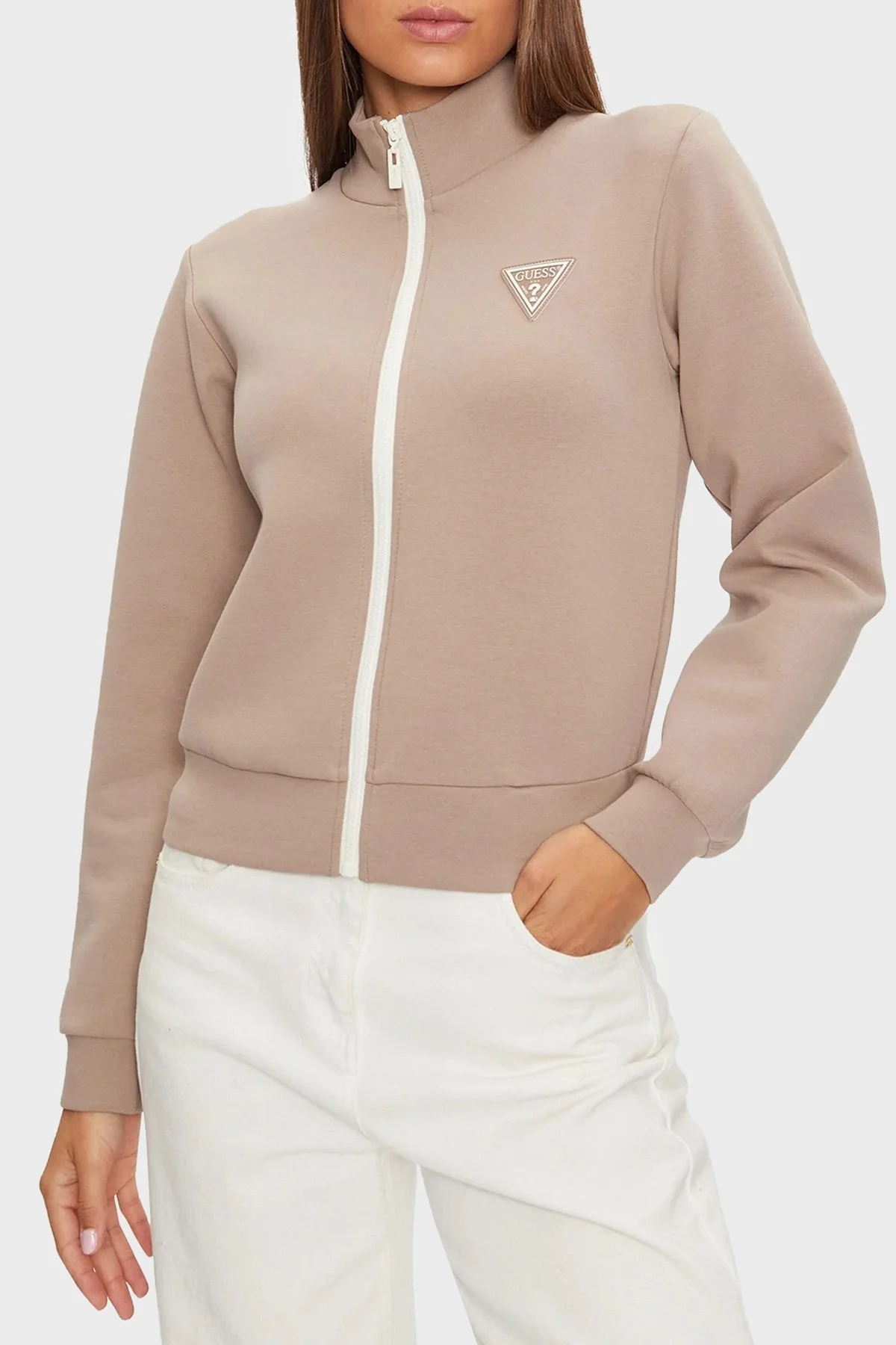 Guess Ann Full Zip Logolu Regular Fit Dik Yaka V3BQ12KBCK2 Bayan Sweat V3BQ12 KBCK2 WTDG TOPRAK - 1