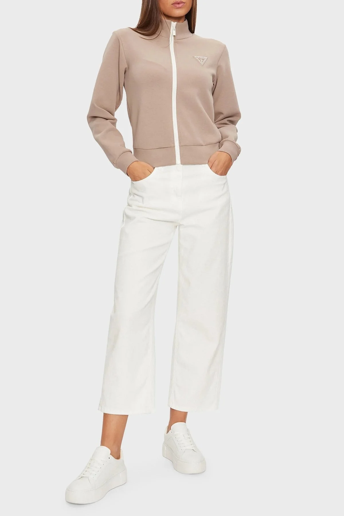 Guess Ann Full Zip Logolu Regular Fit Dik Yaka V3BQ12KBCK2 Bayan Sweat V3BQ12 KBCK2 WTDG TOPRAK - 3