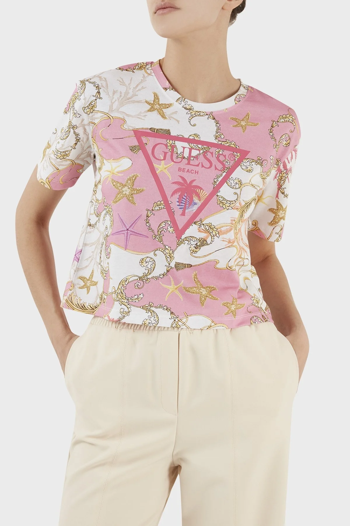Guess Aop Desenli Bisiklet Yaka % 100 Pamuk Regular Fit Bayan T Shirt E3GI01JA914 P63W PEMBE - 2
