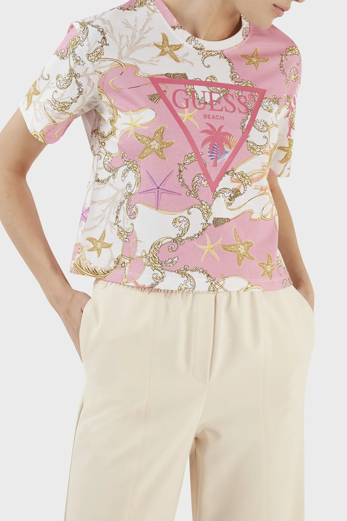 Guess Aop Desenli Bisiklet Yaka % 100 Pamuk Regular Fit Bayan T Shirt E3GI01JA914 P63W PEMBE - 3