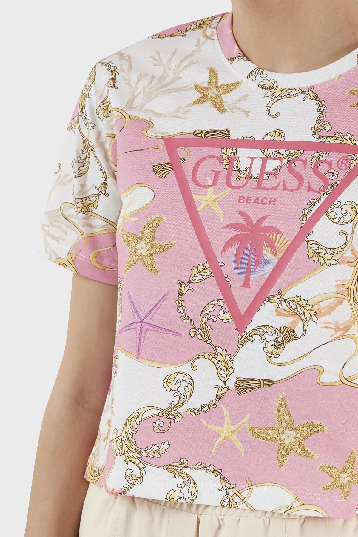 Guess Aop Desenli Bisiklet Yaka % 100 Pamuk Regular Fit Bayan T Shirt E3GI01JA914 P63W PEMBE - 4