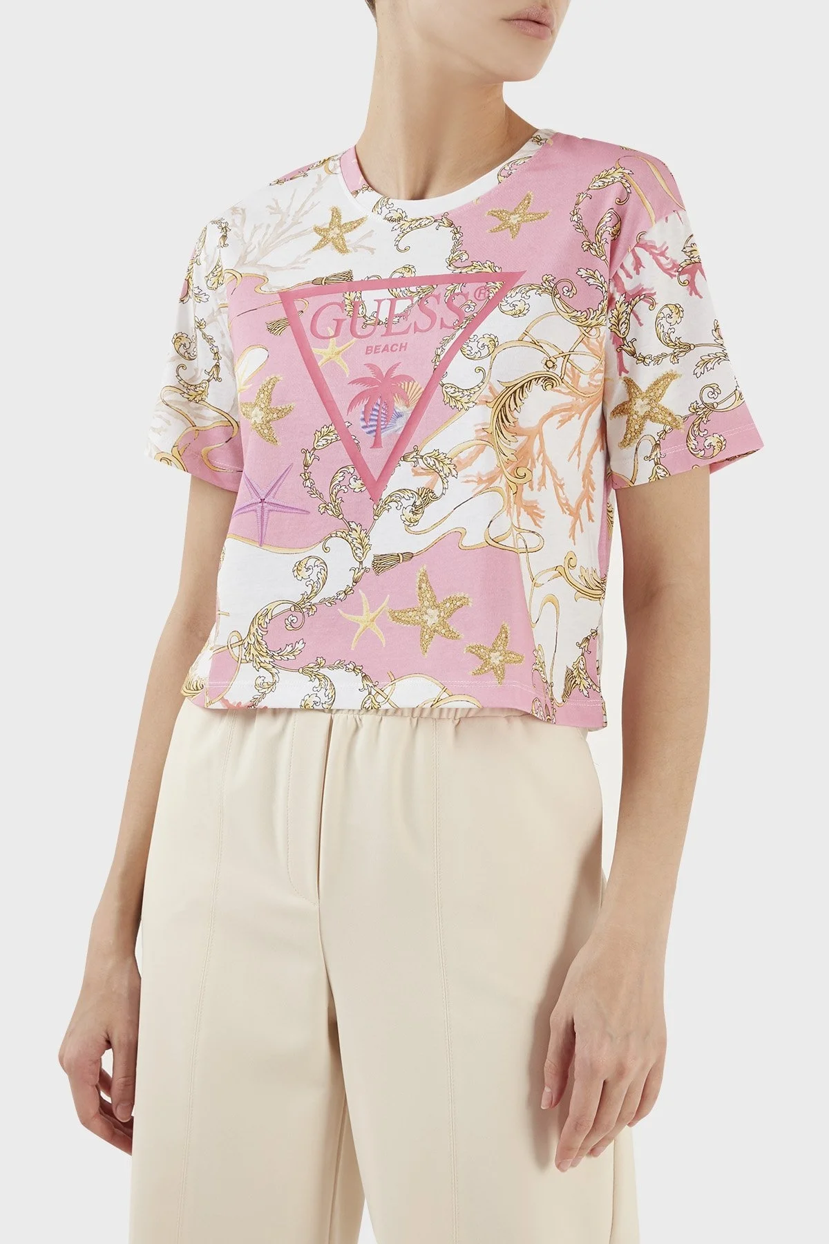 Guess Aop Desenli Bisiklet Yaka % 100 Pamuk Regular Fit Bayan T Shirt E3GI01JA914 P63W PEMBE - 6